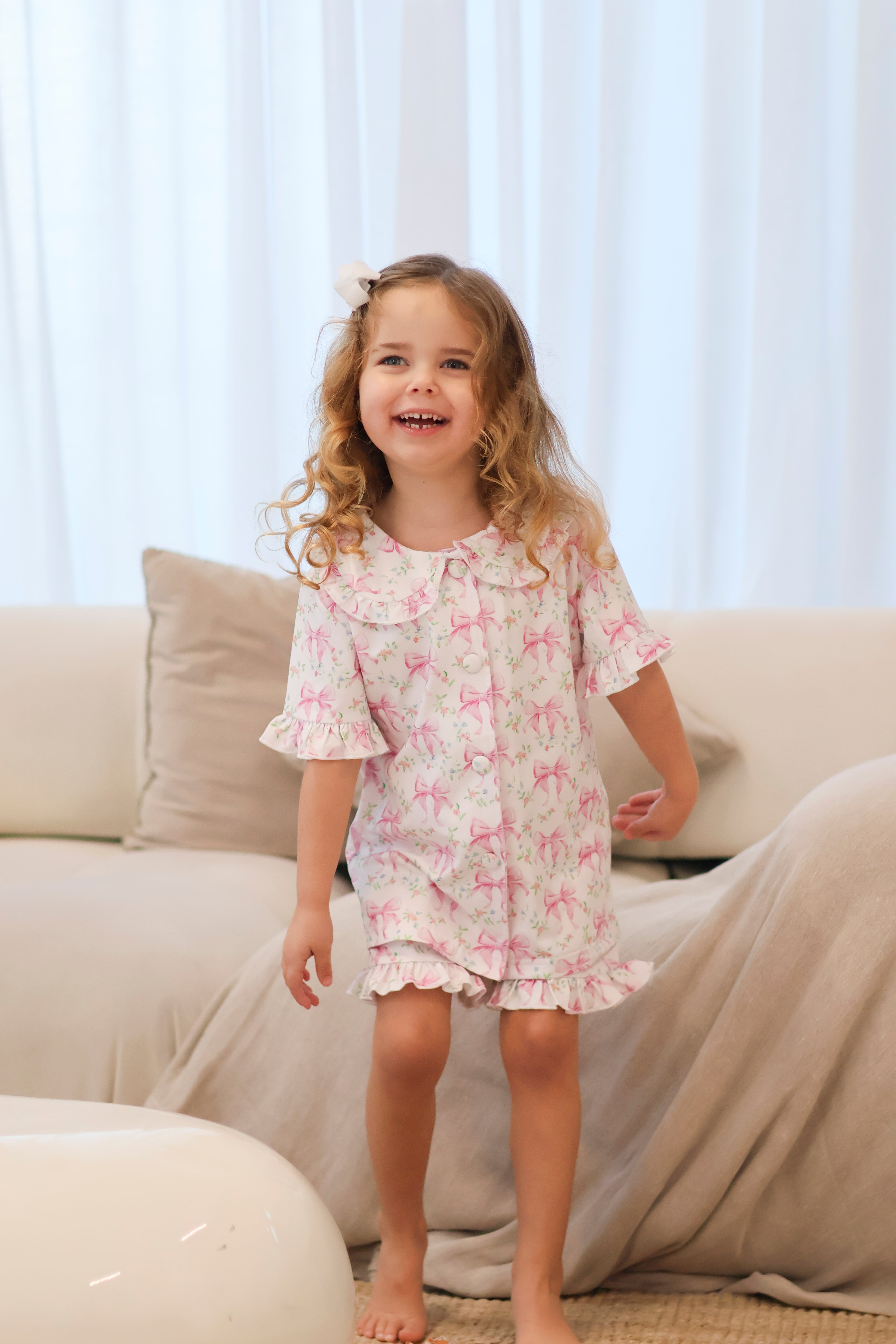 Floral Bow Short Sleeve Girls Frilly Pink Pyjamas