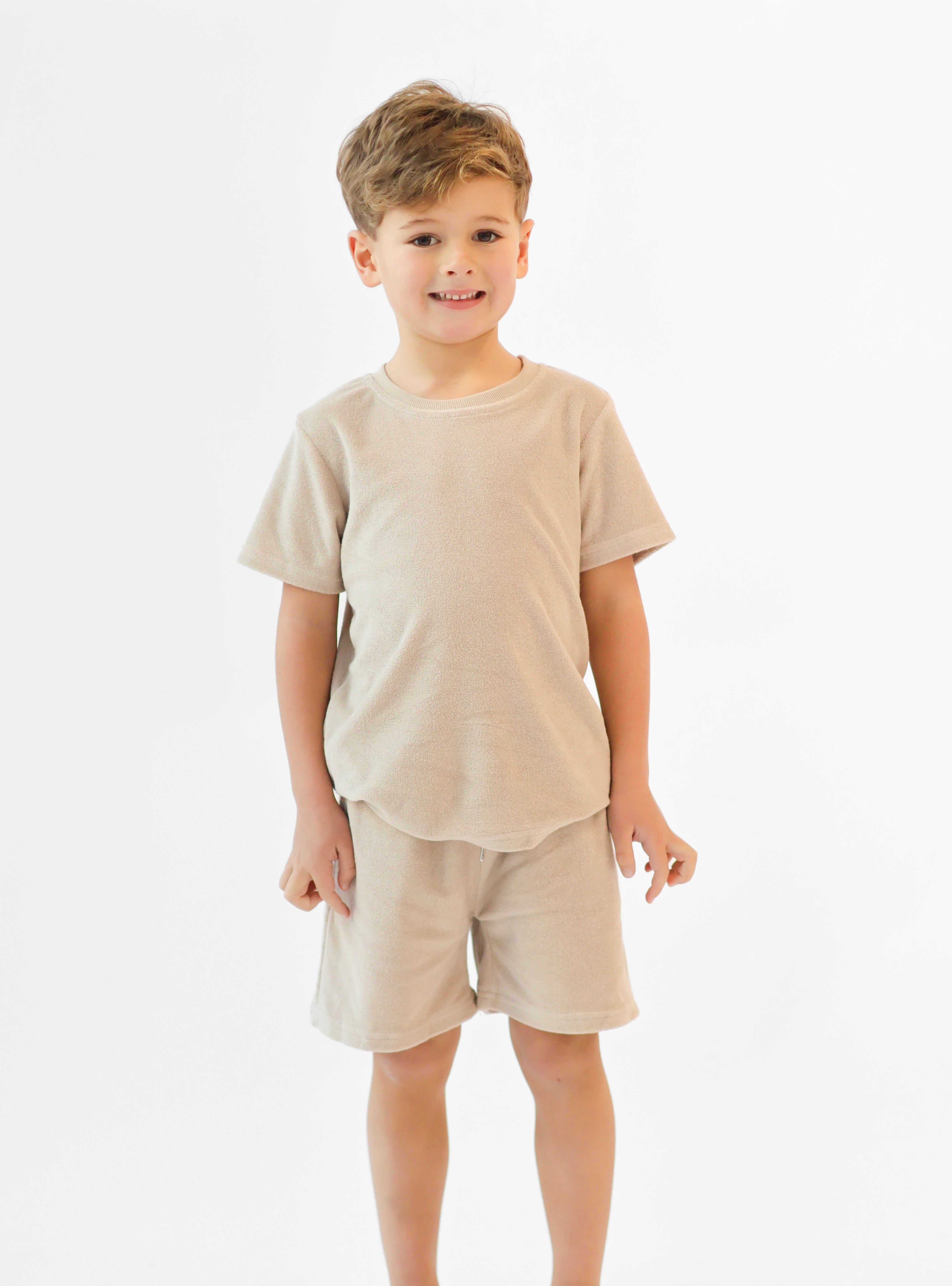 Bobby Terry Towelling Boys Plain Short Set Beige