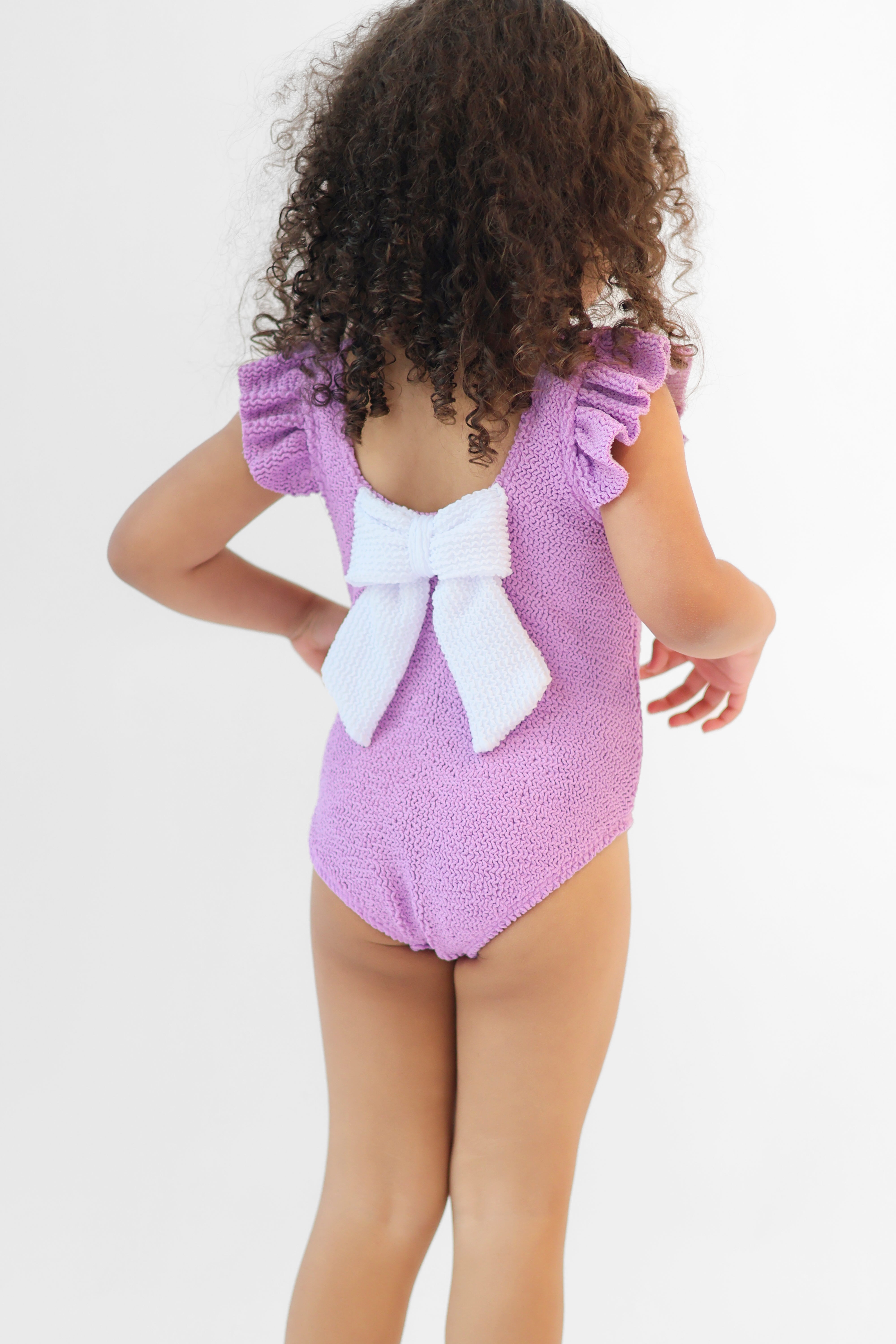 Lyla Girls Waffled Frilly Bow Swimming Costume Lilac