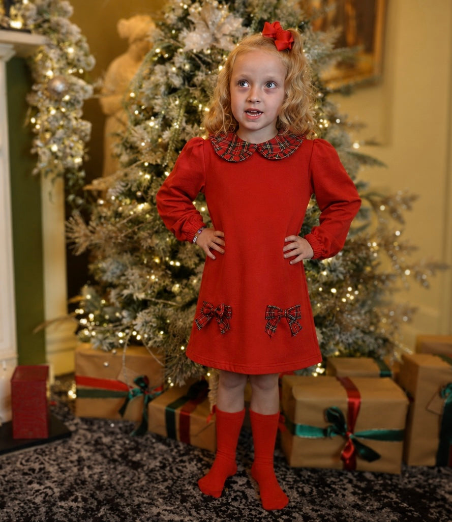 Esmae Girls Tartan Bow Frill Dress Red