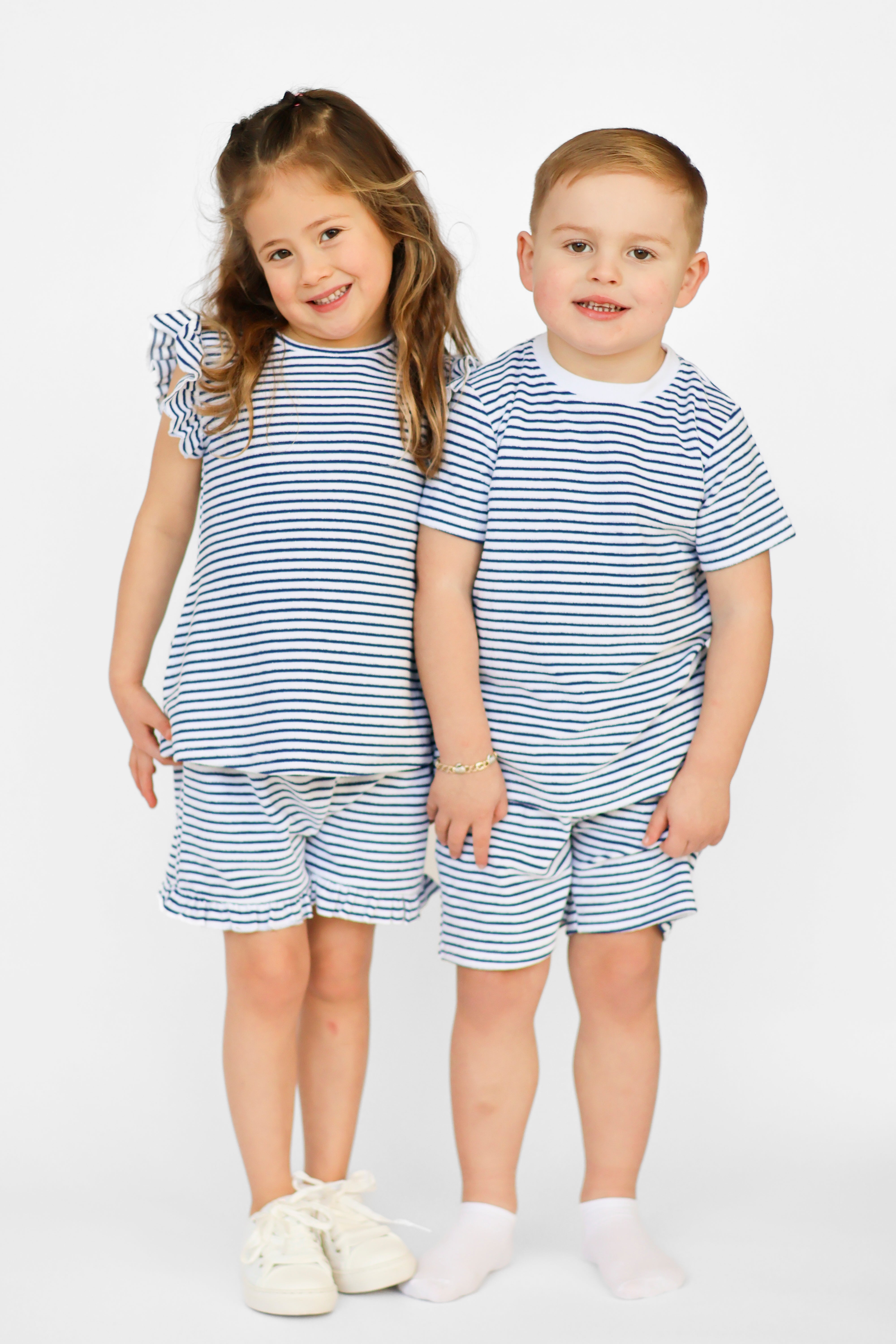 Lucy Frilly Stripe Terry Towelling Shorts & Top Set Navy