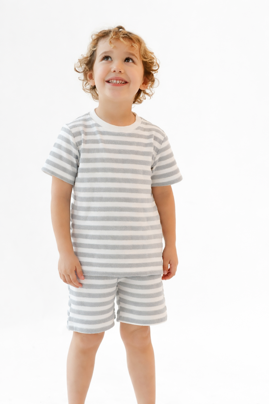 Archie Boys Terry Towelling Striped Shorts & T-Shirt Grey