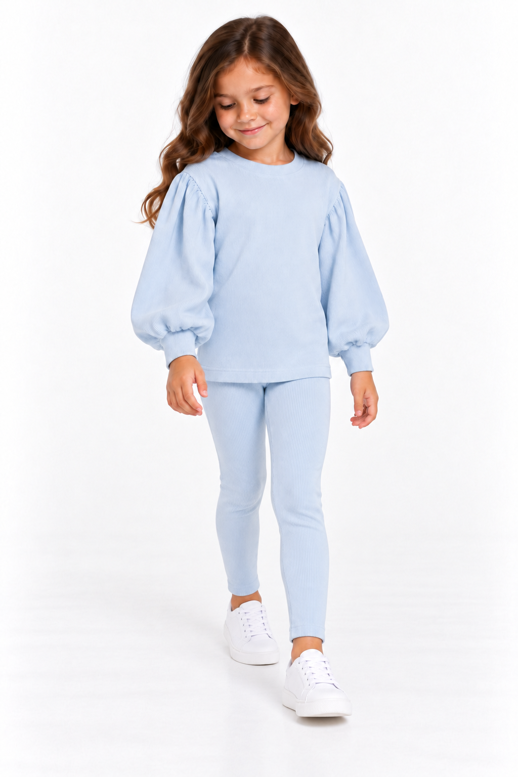Maddie Ribbed Girls Balloon Jumper & Legging Tracksuit Set Baby Blue