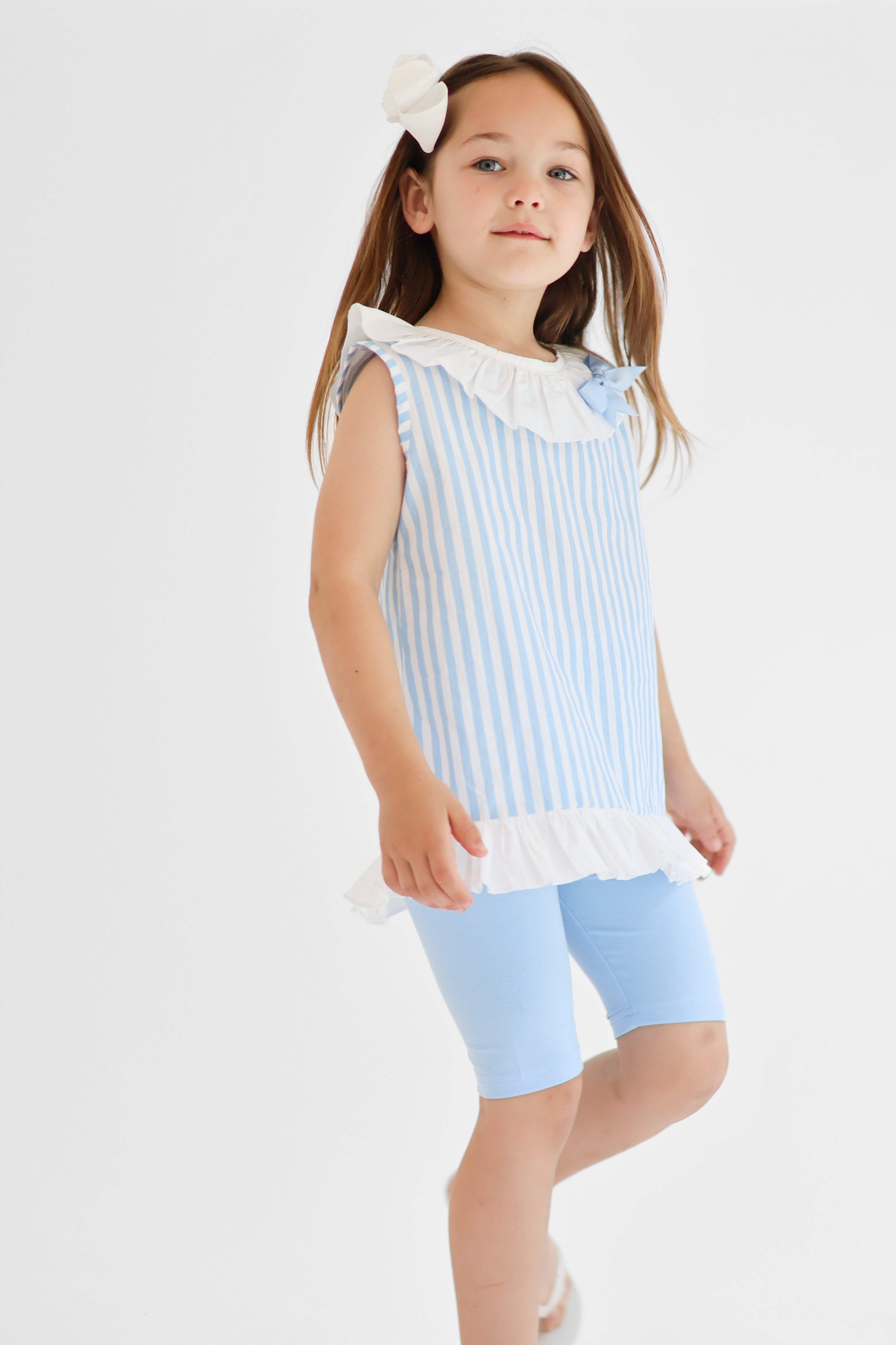 Perrie Girls Blue Stripe Frilly Shirt & Cycling Shorts Set