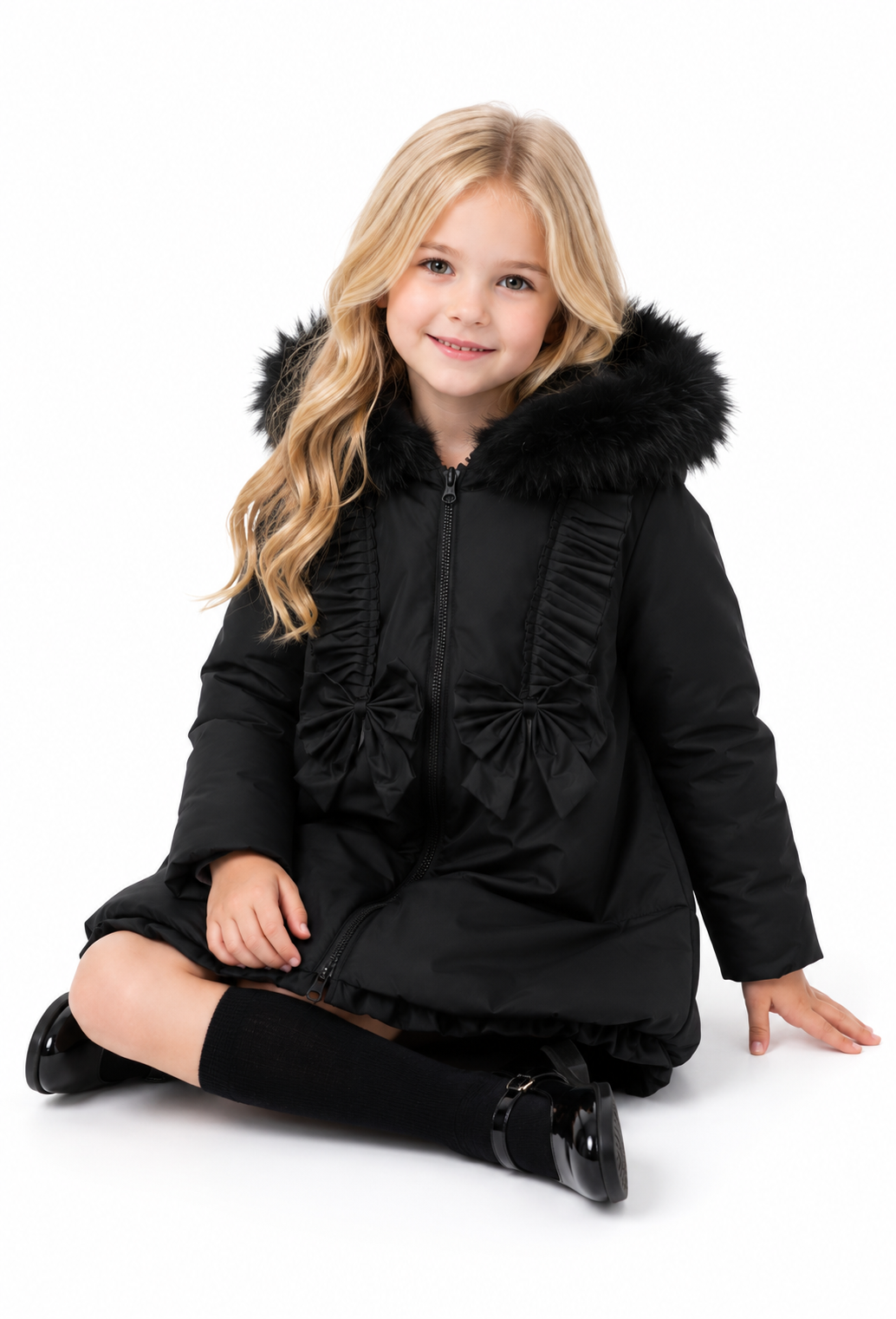 Scarlet Girls Padded Faux Fur Hood Frilly Bow Coat Black