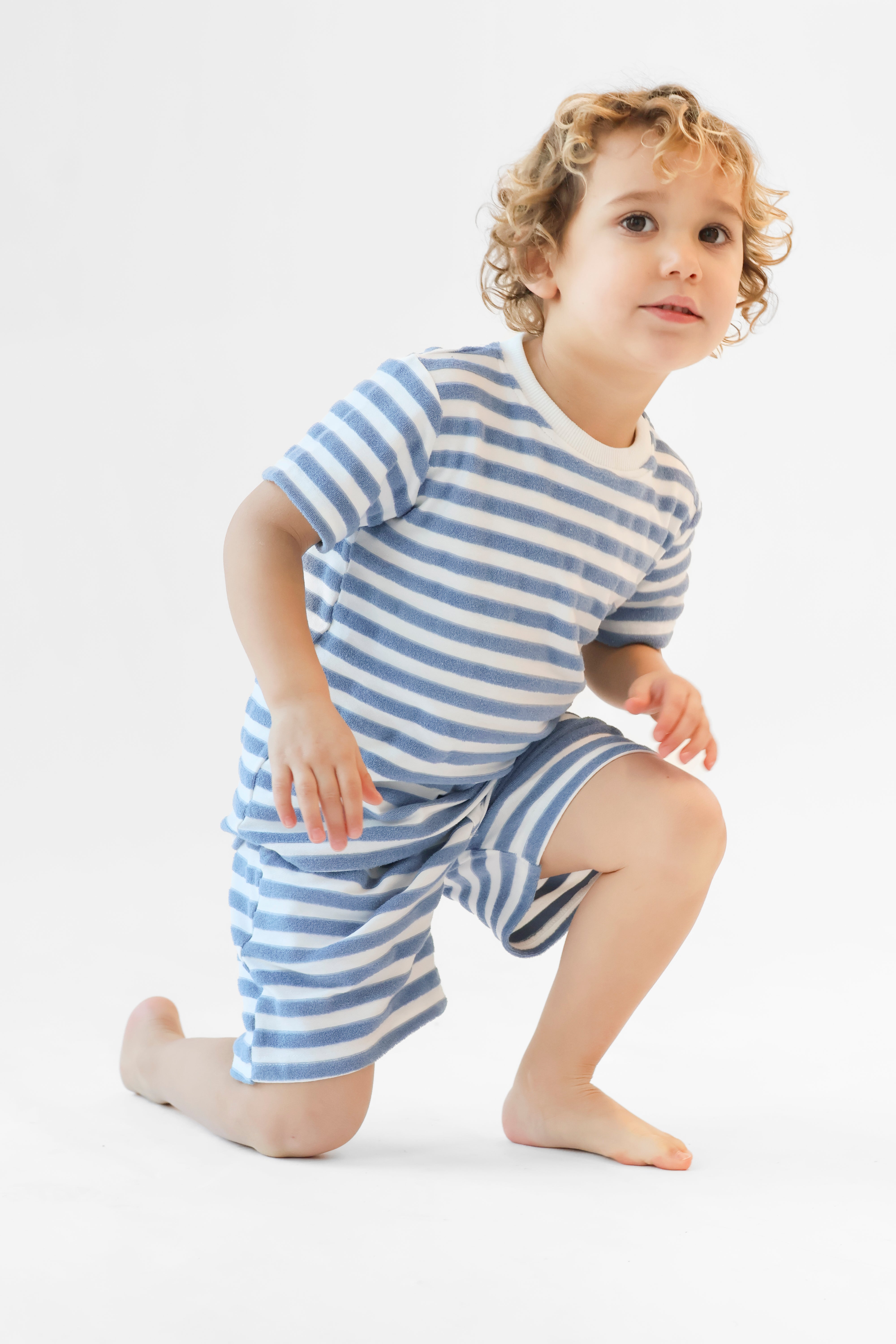 Archie Boys Terry Towelling Striped Shorts & T-Shirt Blue