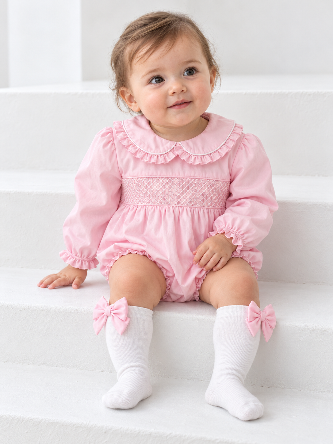 Norah Baby Girls Back Bow Smocked Romper & Bow Socks Set Pink