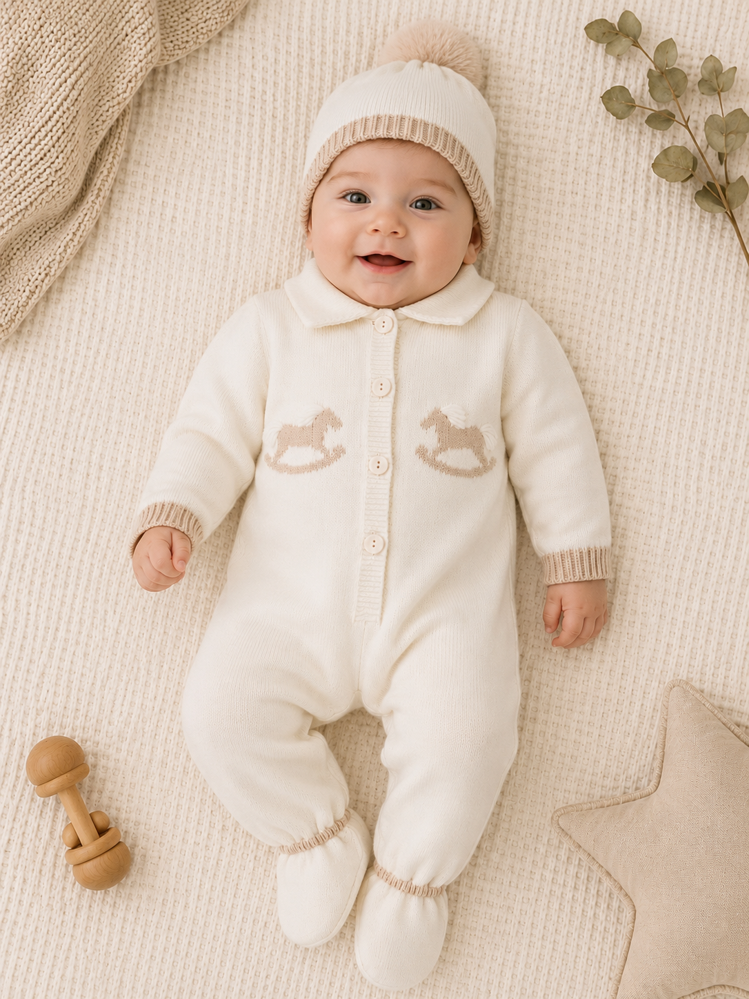 Baby Boys Knitted Rocking Horse Babygrow & Hat Ivory