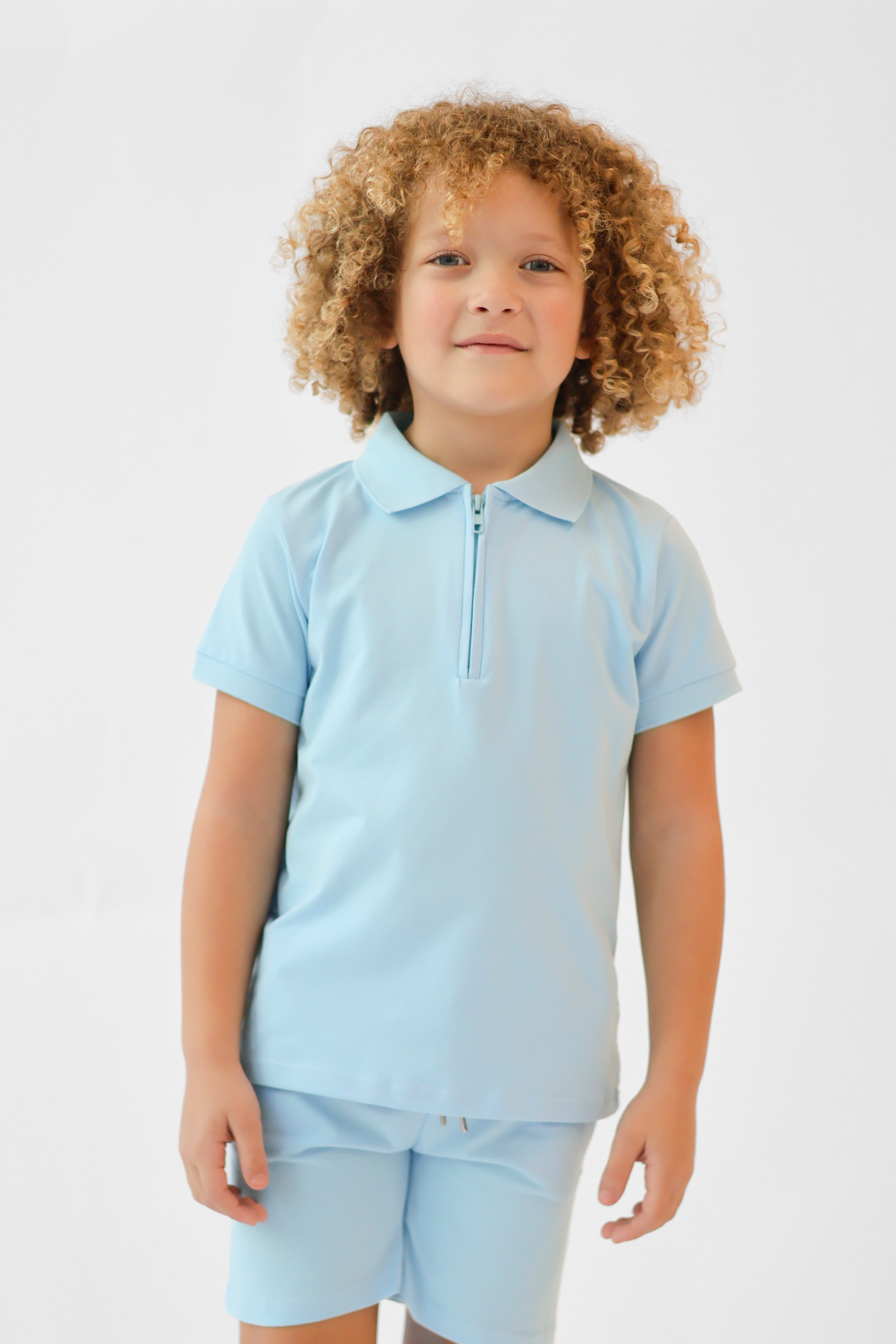 Jay Boys Plain Zip Up Polo Short Set Blue