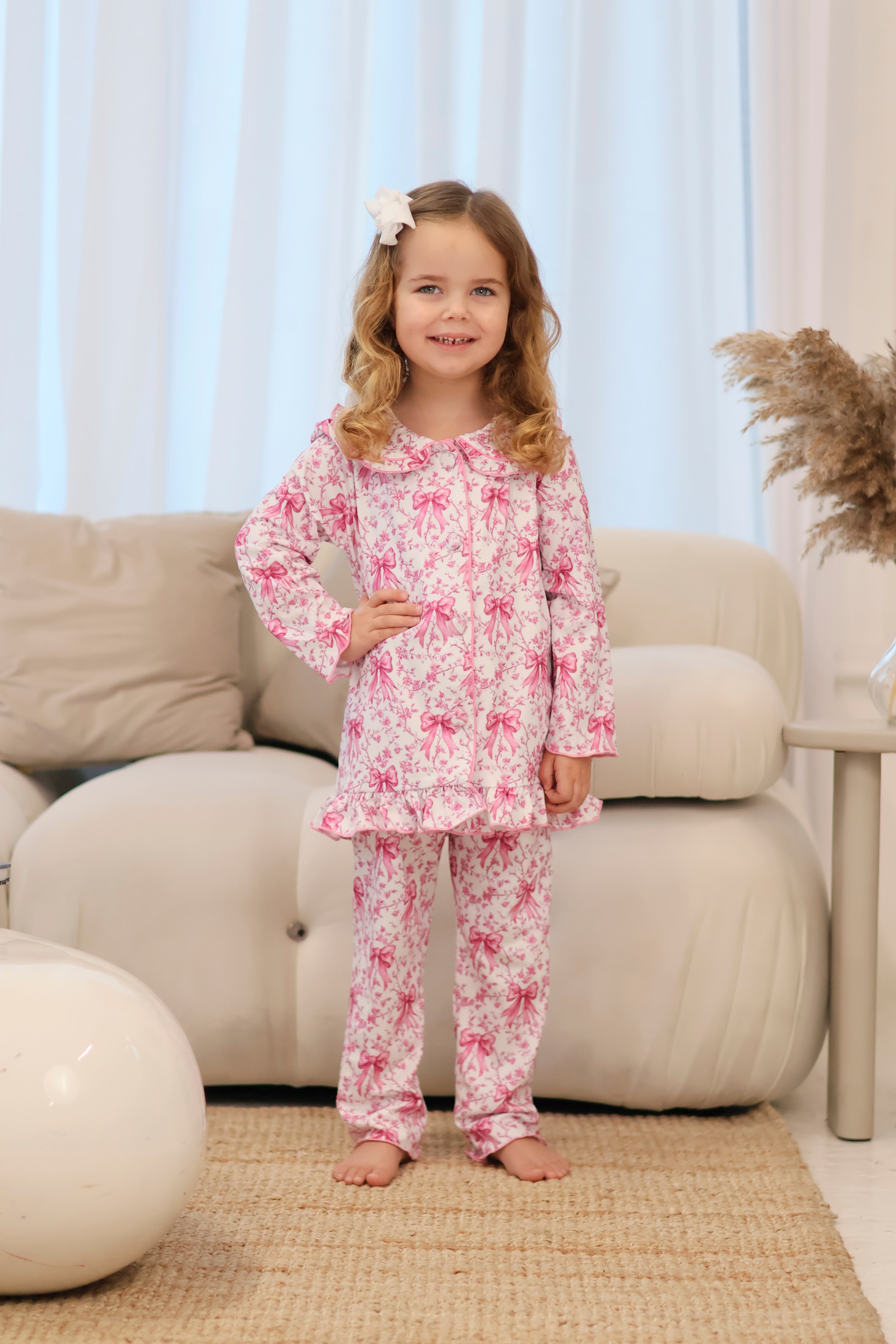 Bow Pink Print Girls Frilly Pink Pyjamas