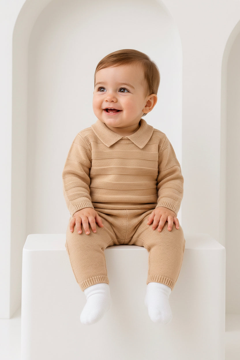 Alfie Pex Baby Boys Knitted Tracksuit Set Camel