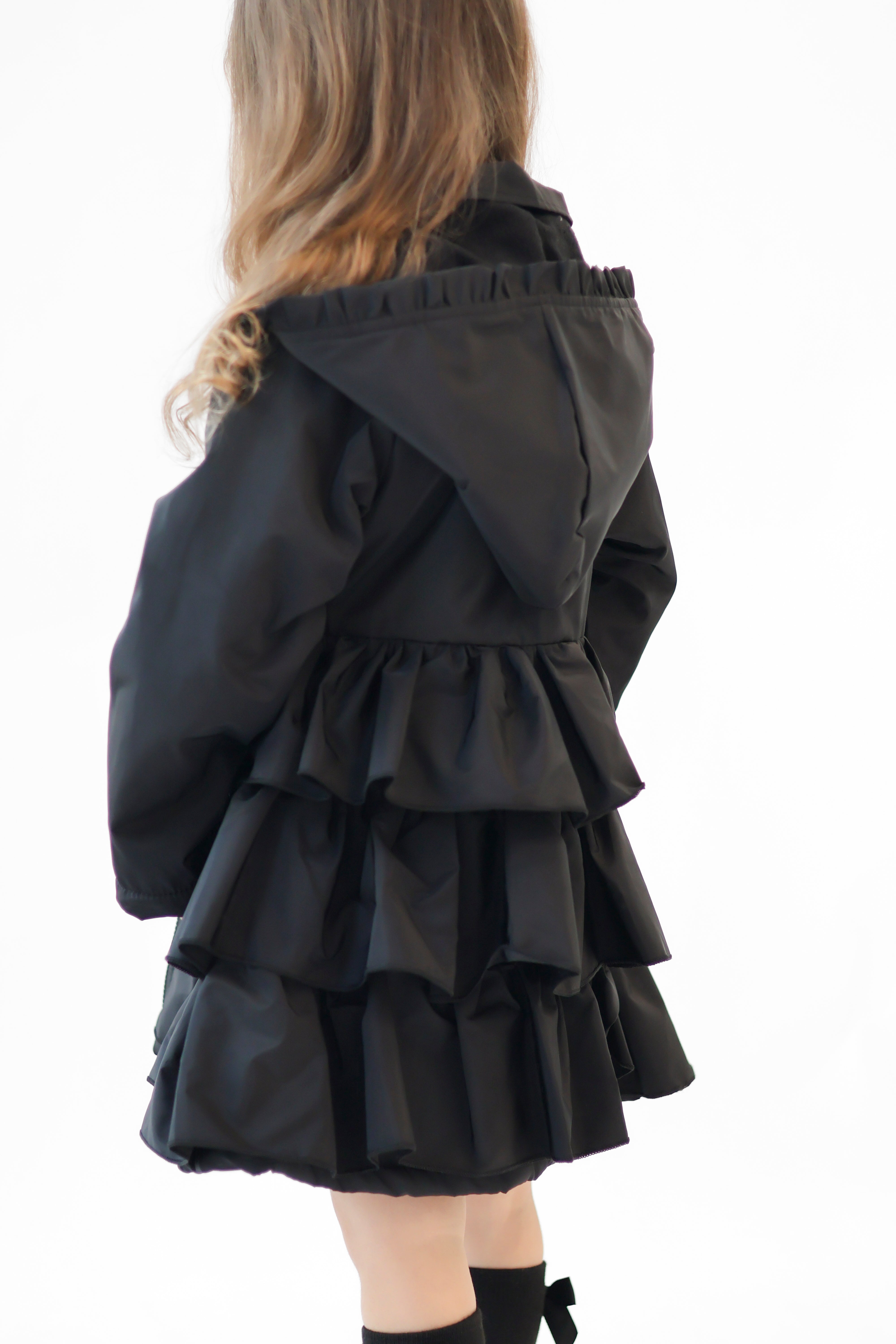 Martine Girls Frilly Bow Fleece Lined Rain Jacket Black