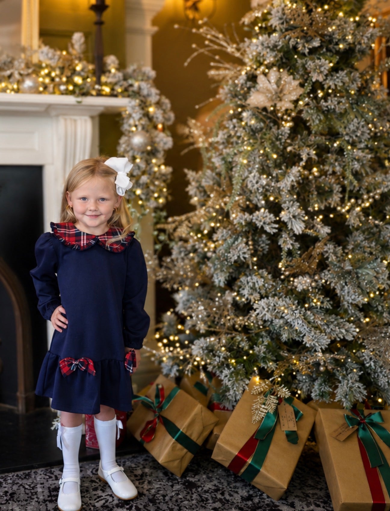 Esmae Girls Tartan Bow Frill Dress Navy