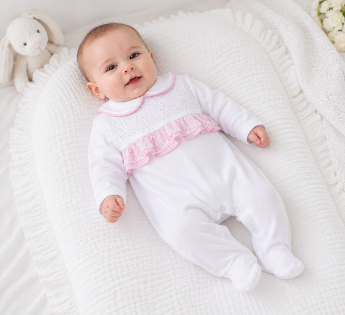 SG198 Baby Girls Broiderie Anglaise Babygrow Pink