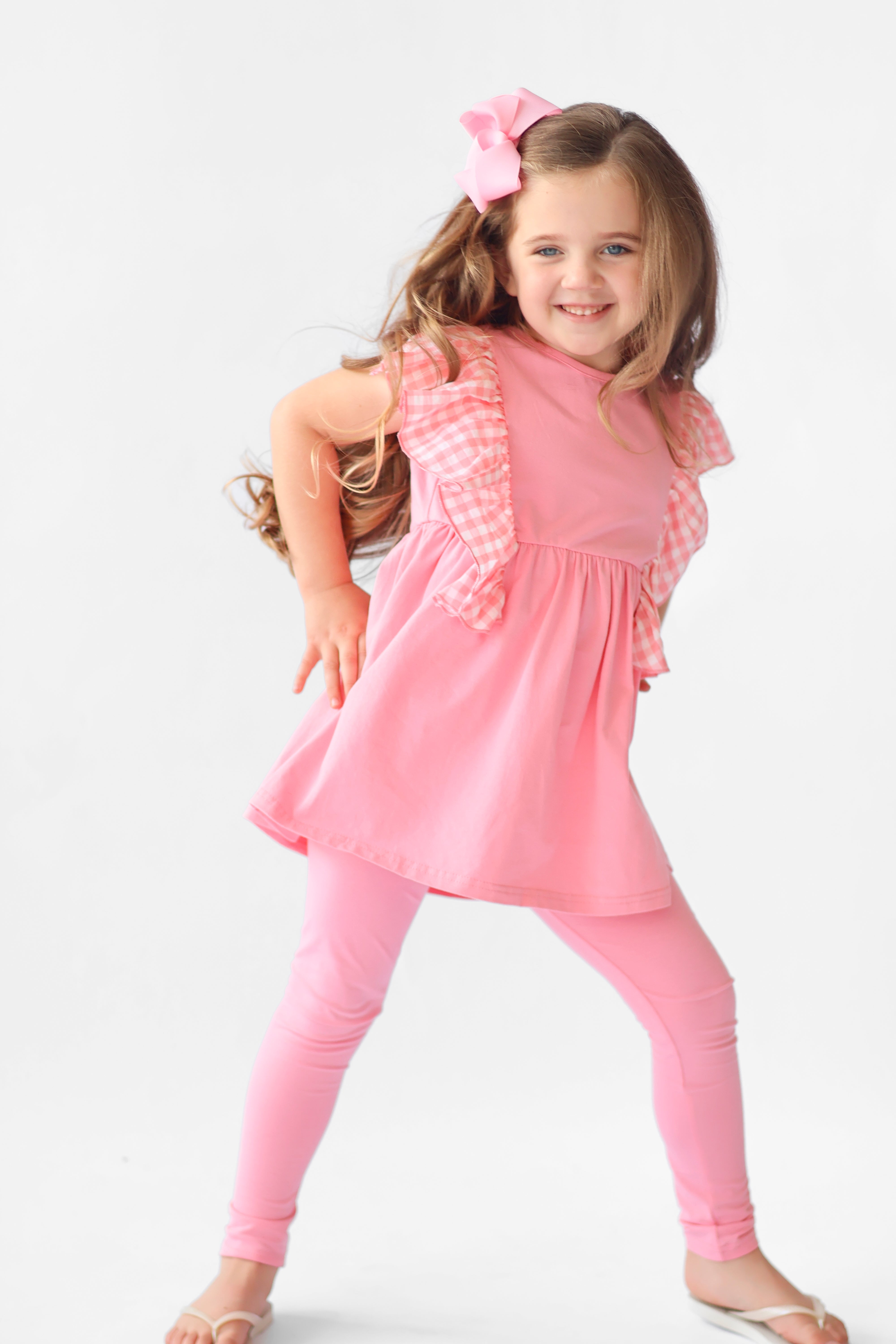 Gia 3 piece Girls Pink Frilly Gingham Leggings & Shorts Tracksuit Set
