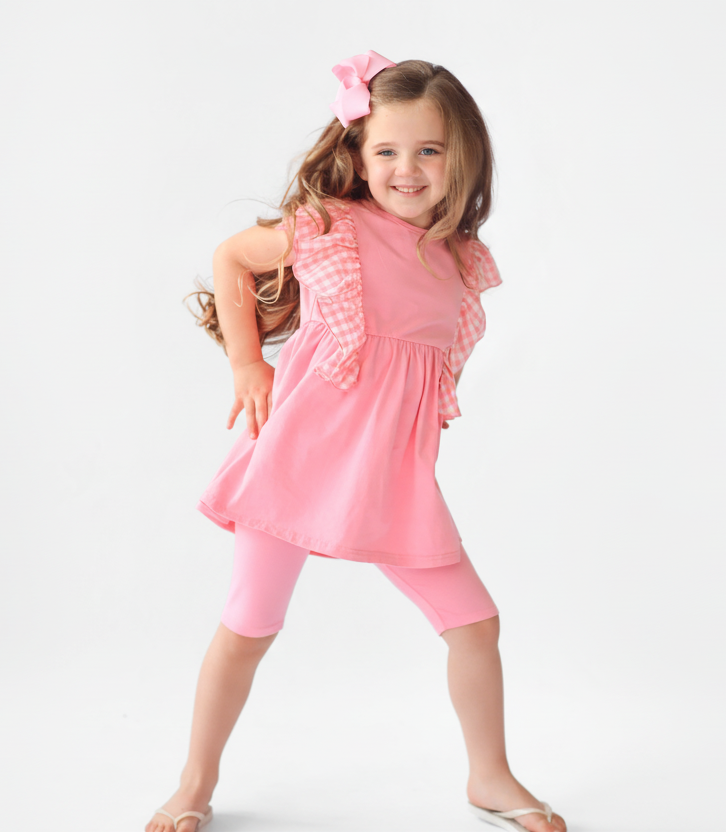 Gia 3 piece Girls Pink Frilly Gingham Leggings & Shorts Tracksuit Set