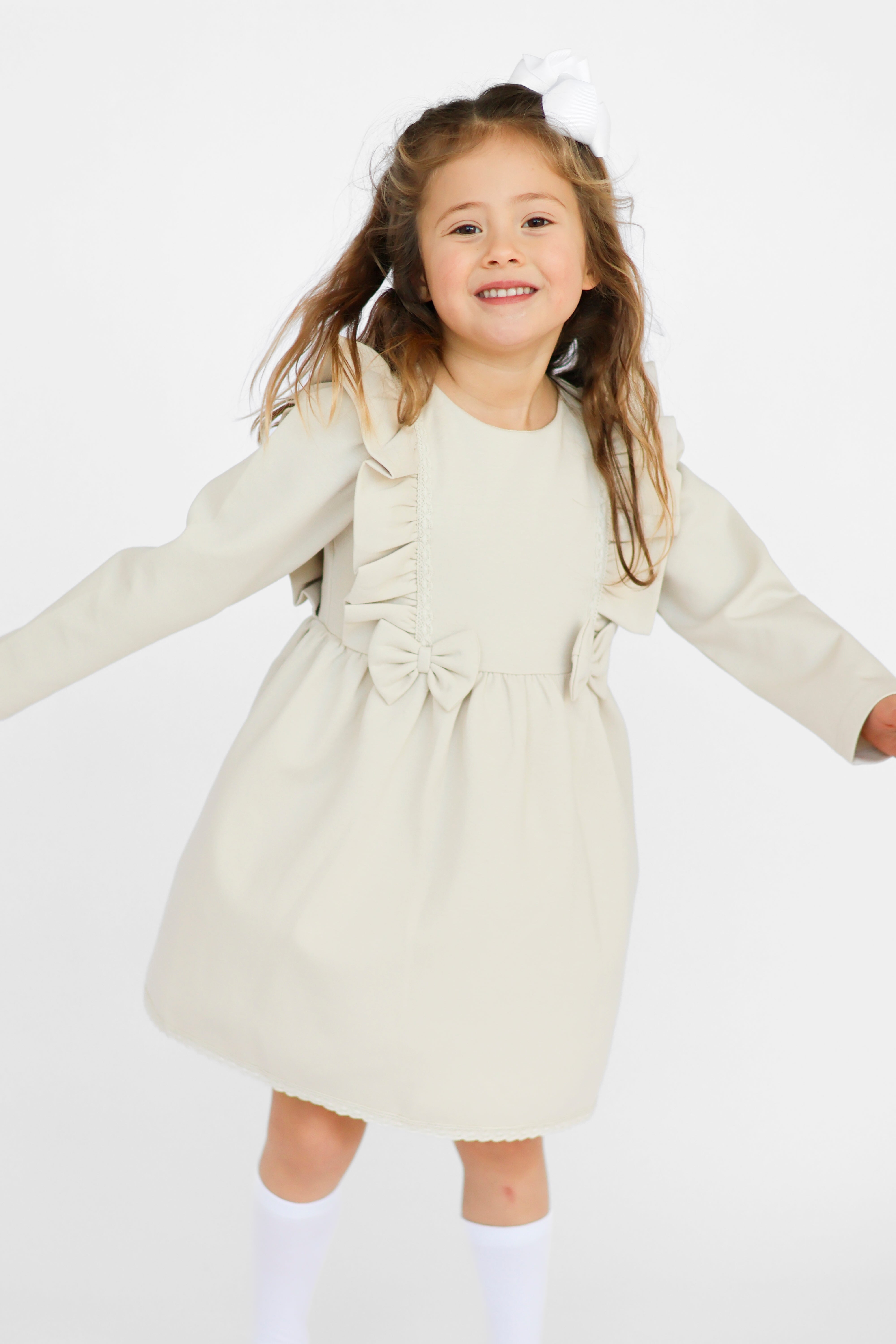 Bella Girls Bow Frill Dress Beige