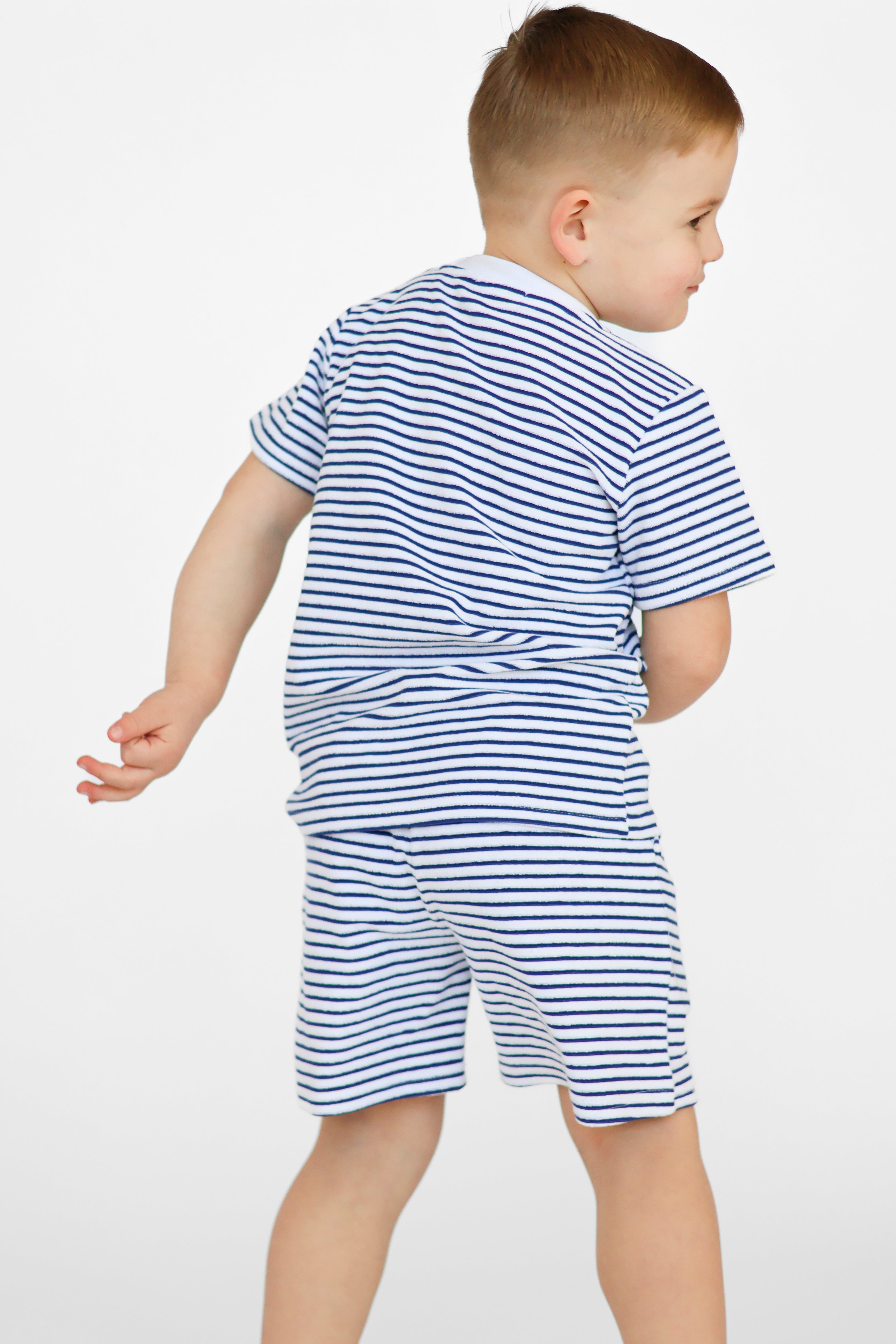 Leo Boys Stripe Towelling Plain Shorts & T-Shirt Set Navy