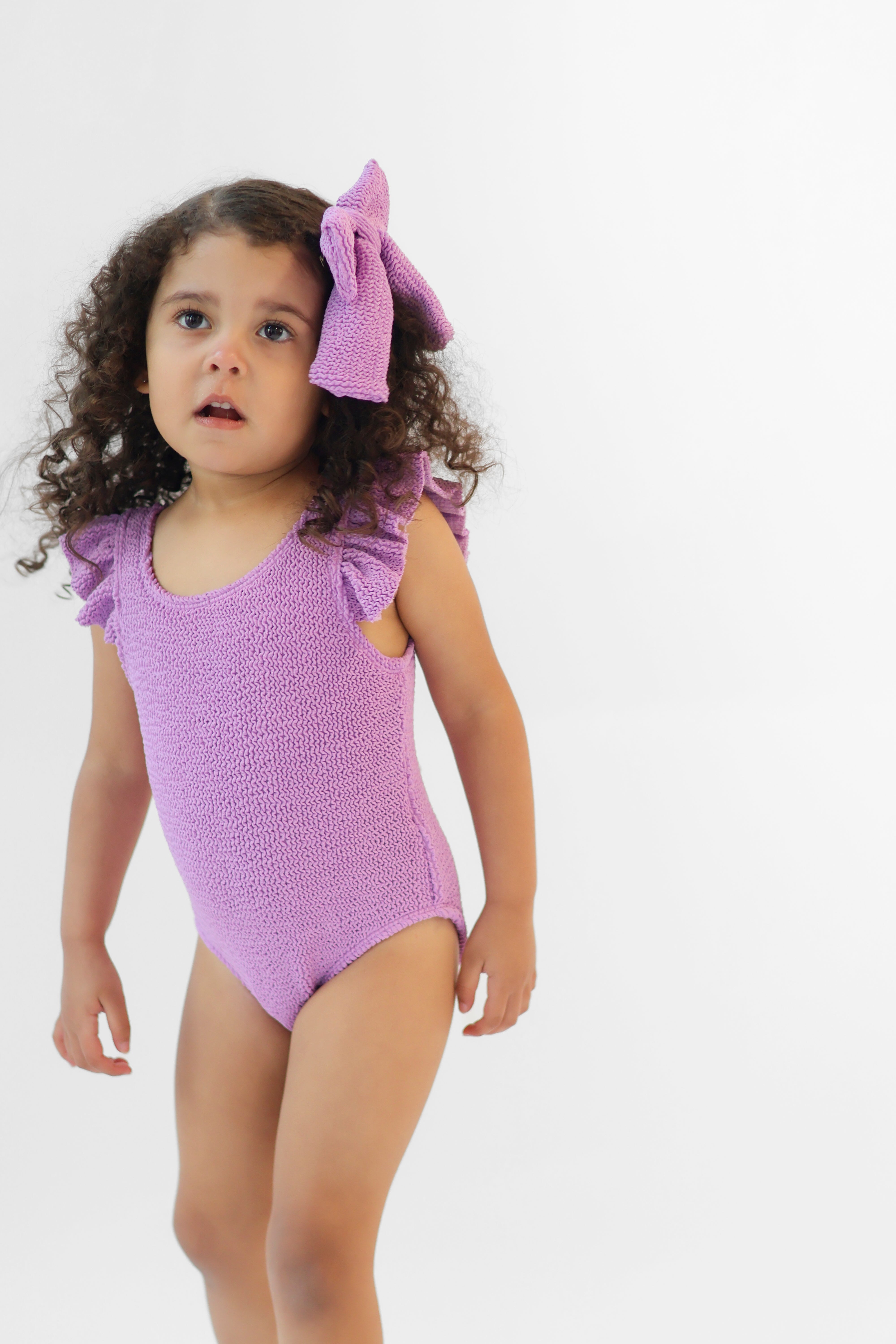 Lyla Girls Waffled Frilly Bow Swimming Costume Lilac