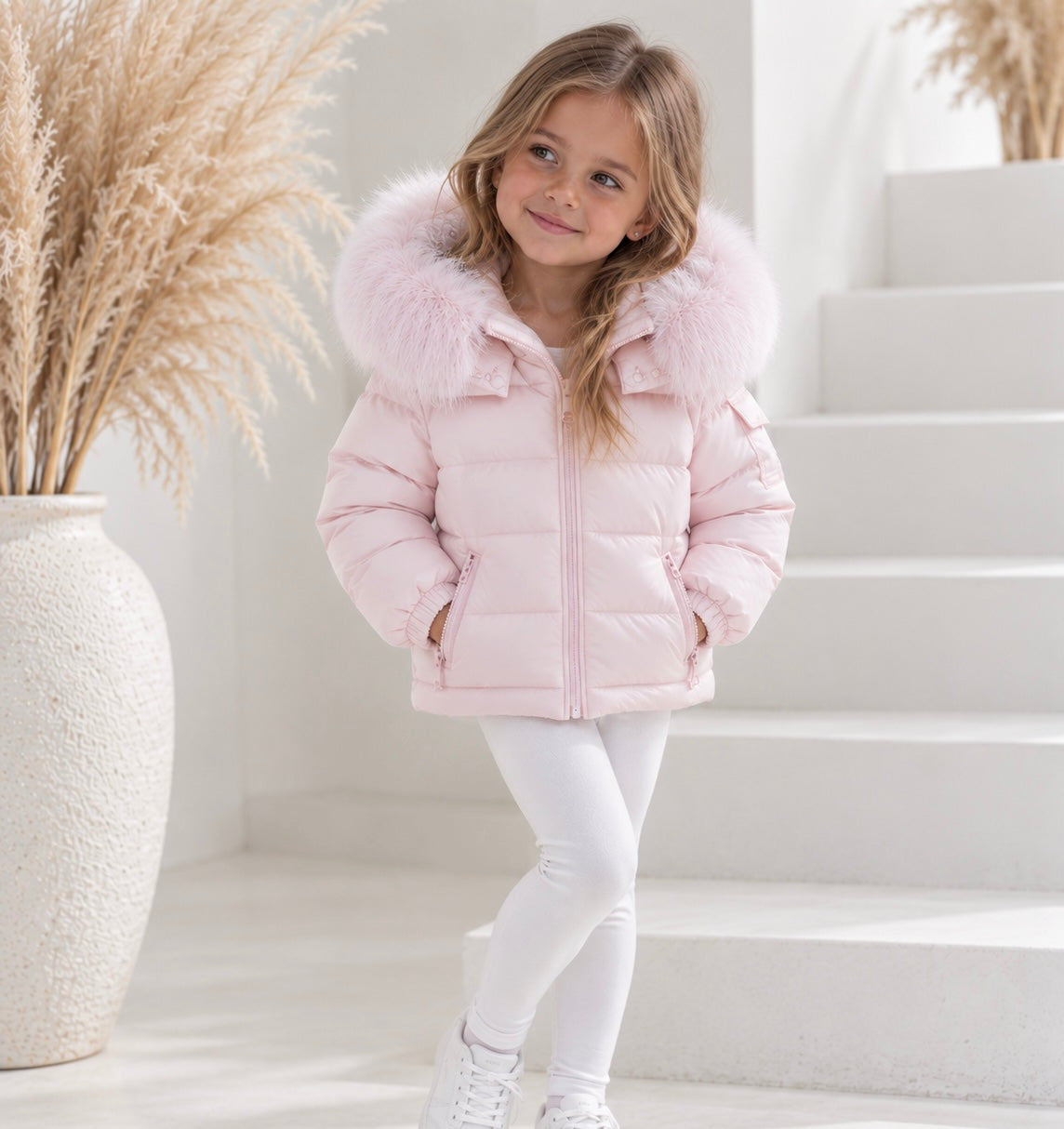 Faux Fur Hood Girls Padded Coat Pink