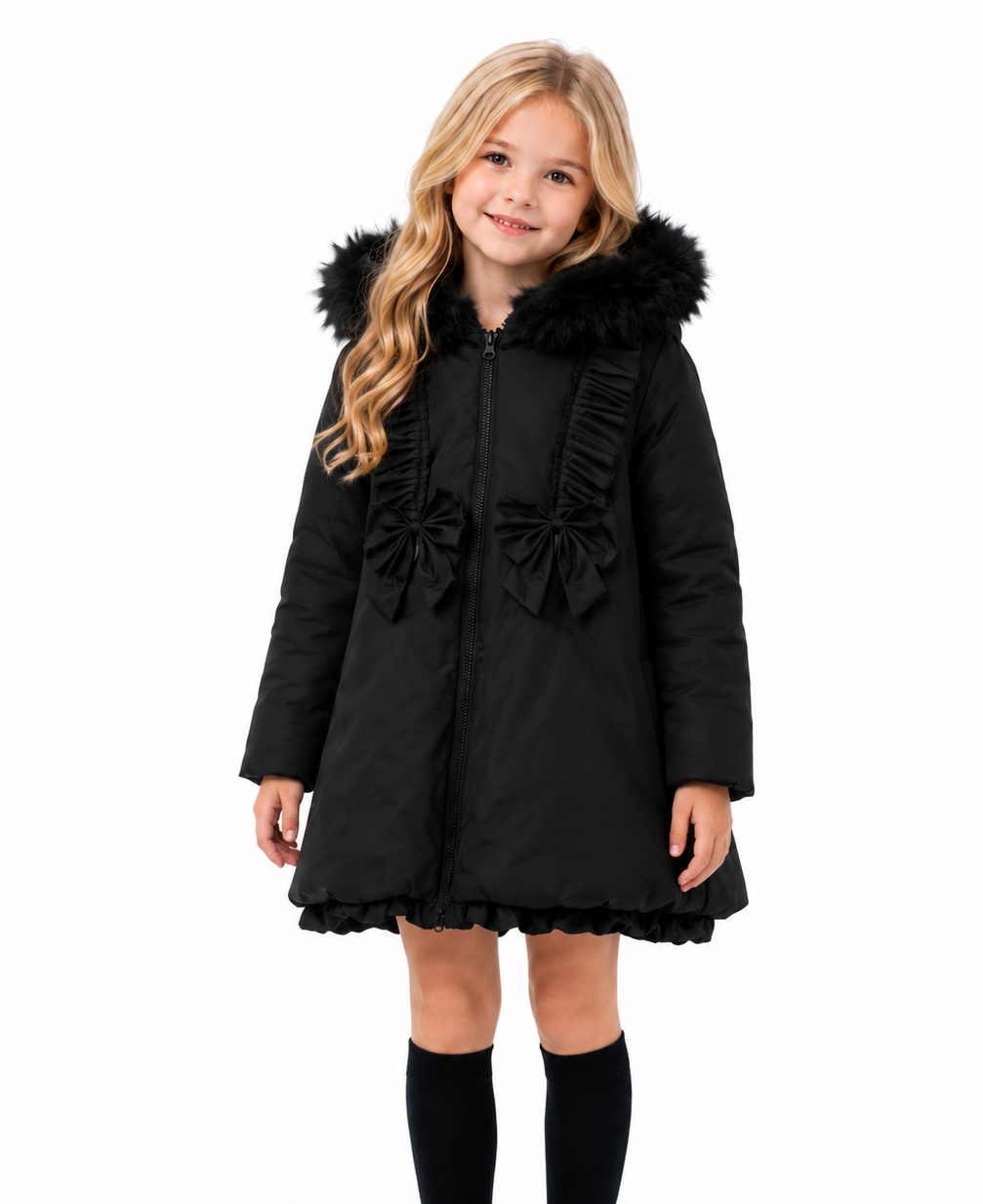 Scarlet Girls Padded Faux Fur Hood Frilly Bow Coat Black