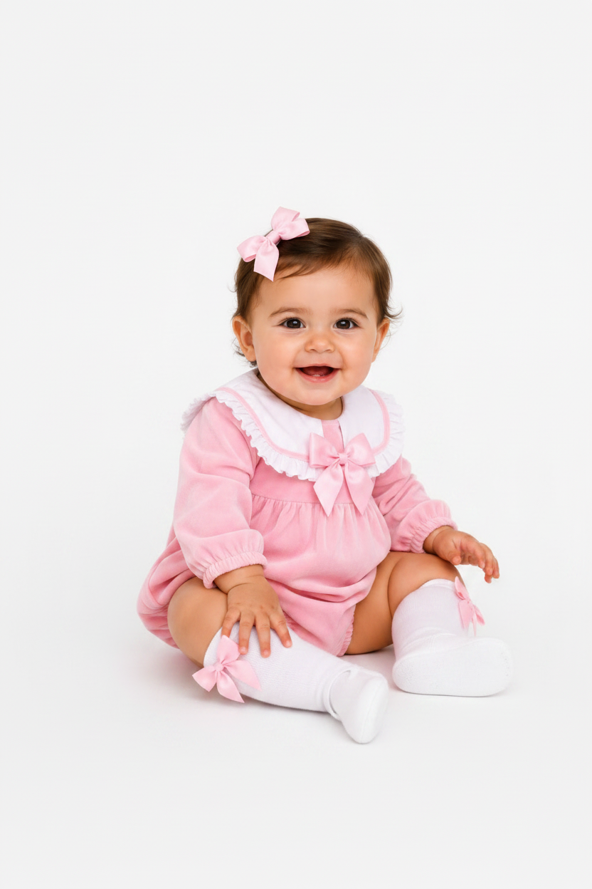 Gabby Girls Velvet Romper Socks & Hair Bow Pink