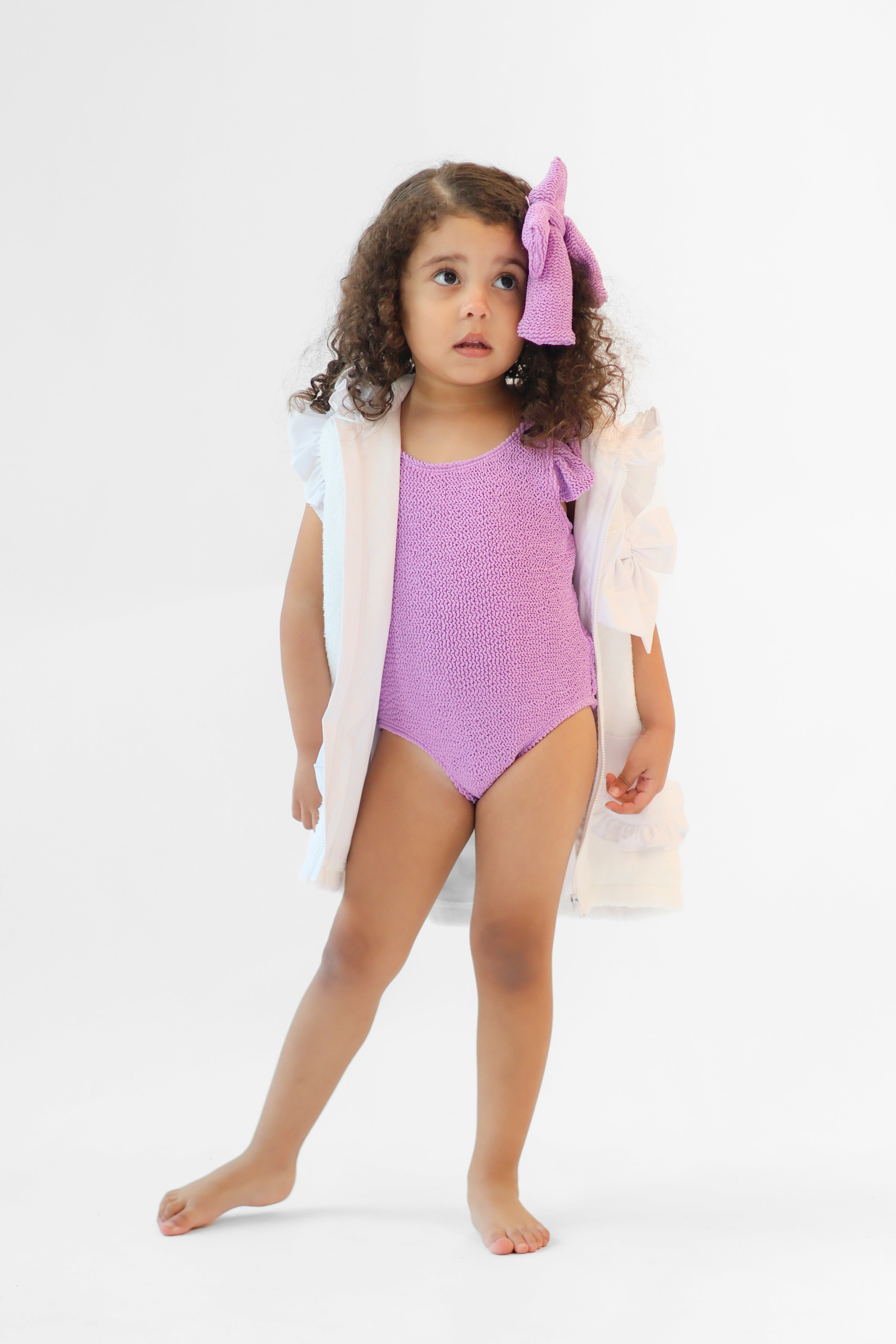 Lyla Girls Waffled Frilly Bow Swimming Costume Lilac