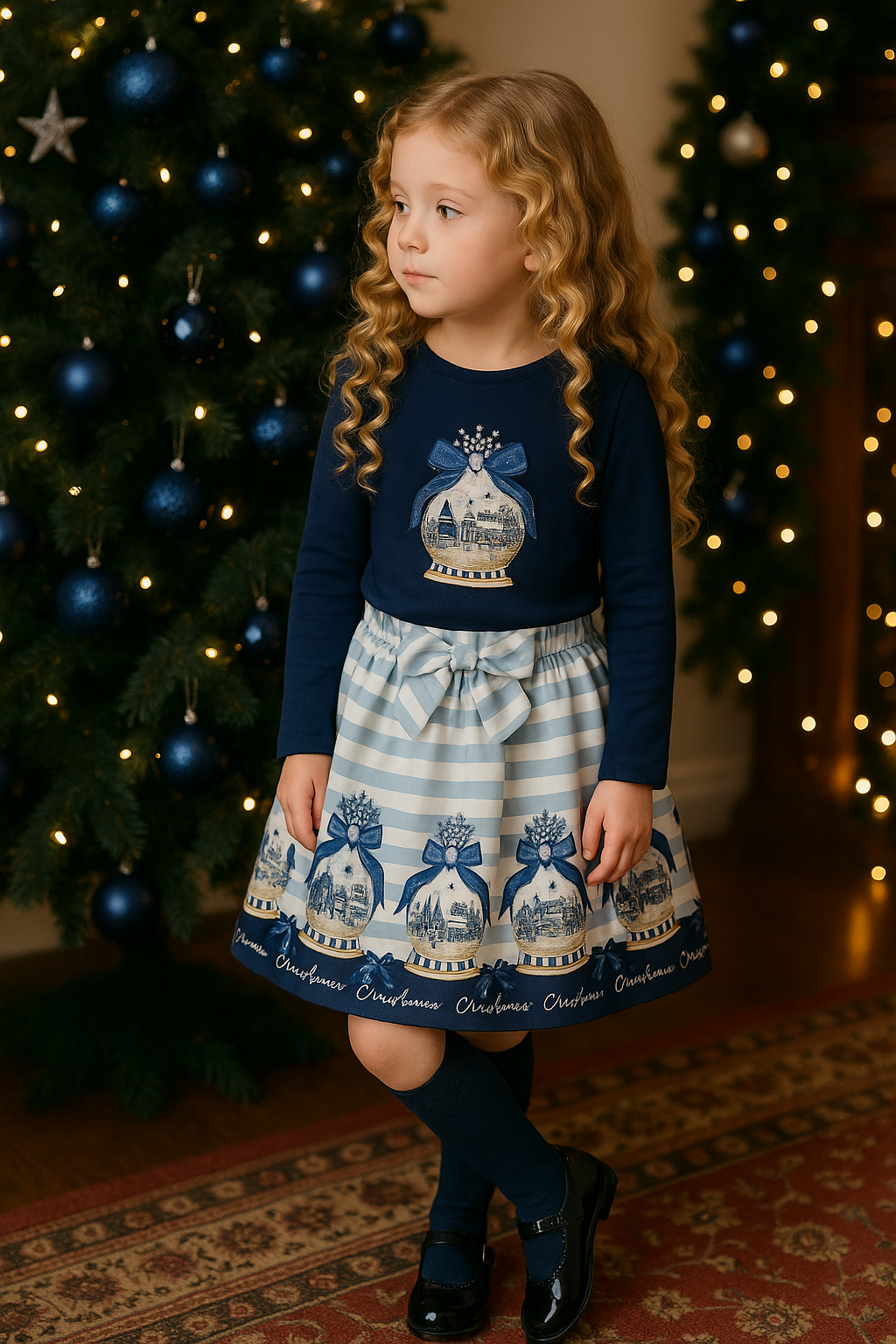 Girls Navy Christmas Snow Globe Diamanté Top & Skirt Set
