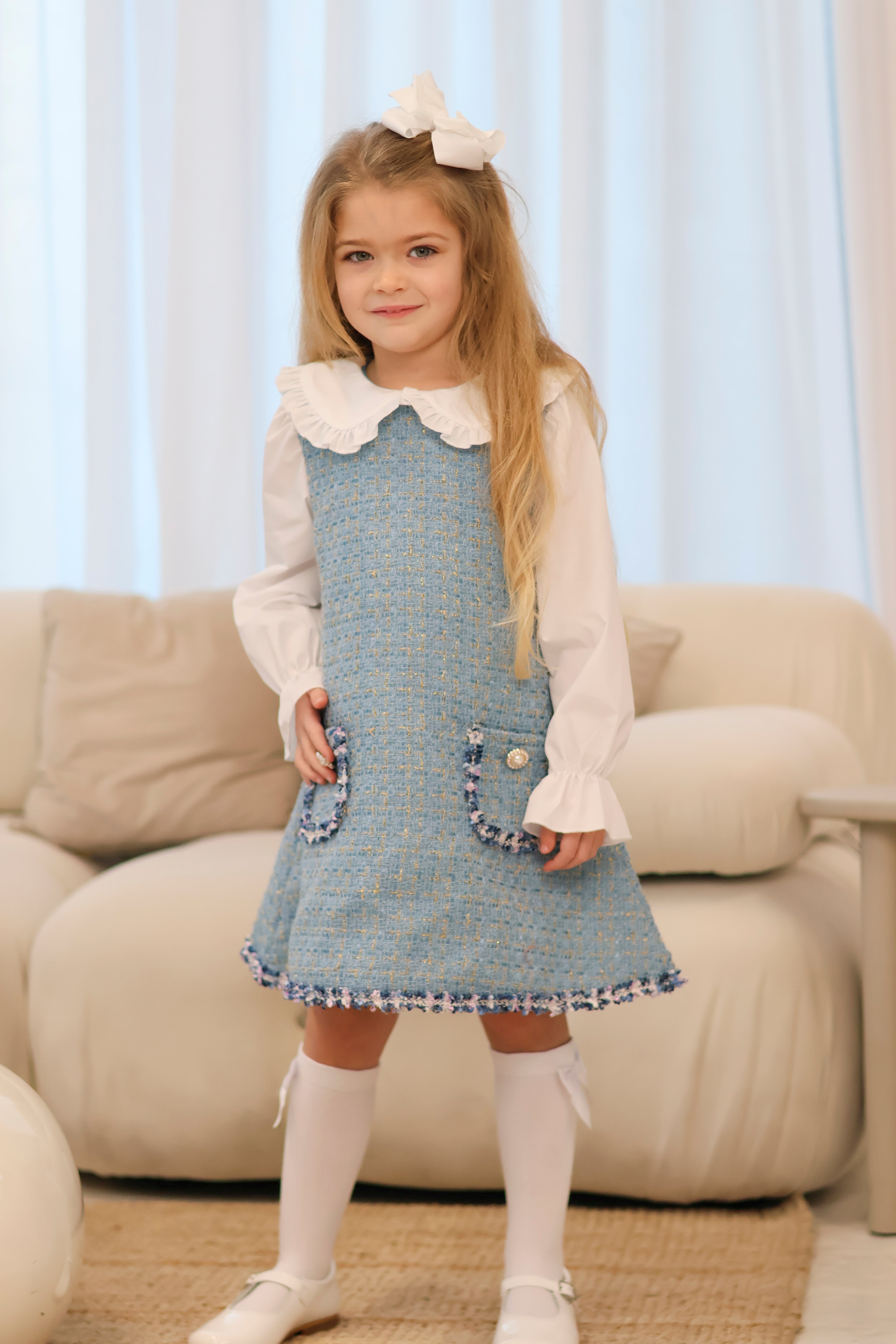 Bronte Girls Tweed Shirt Look Glitter Dress Blue