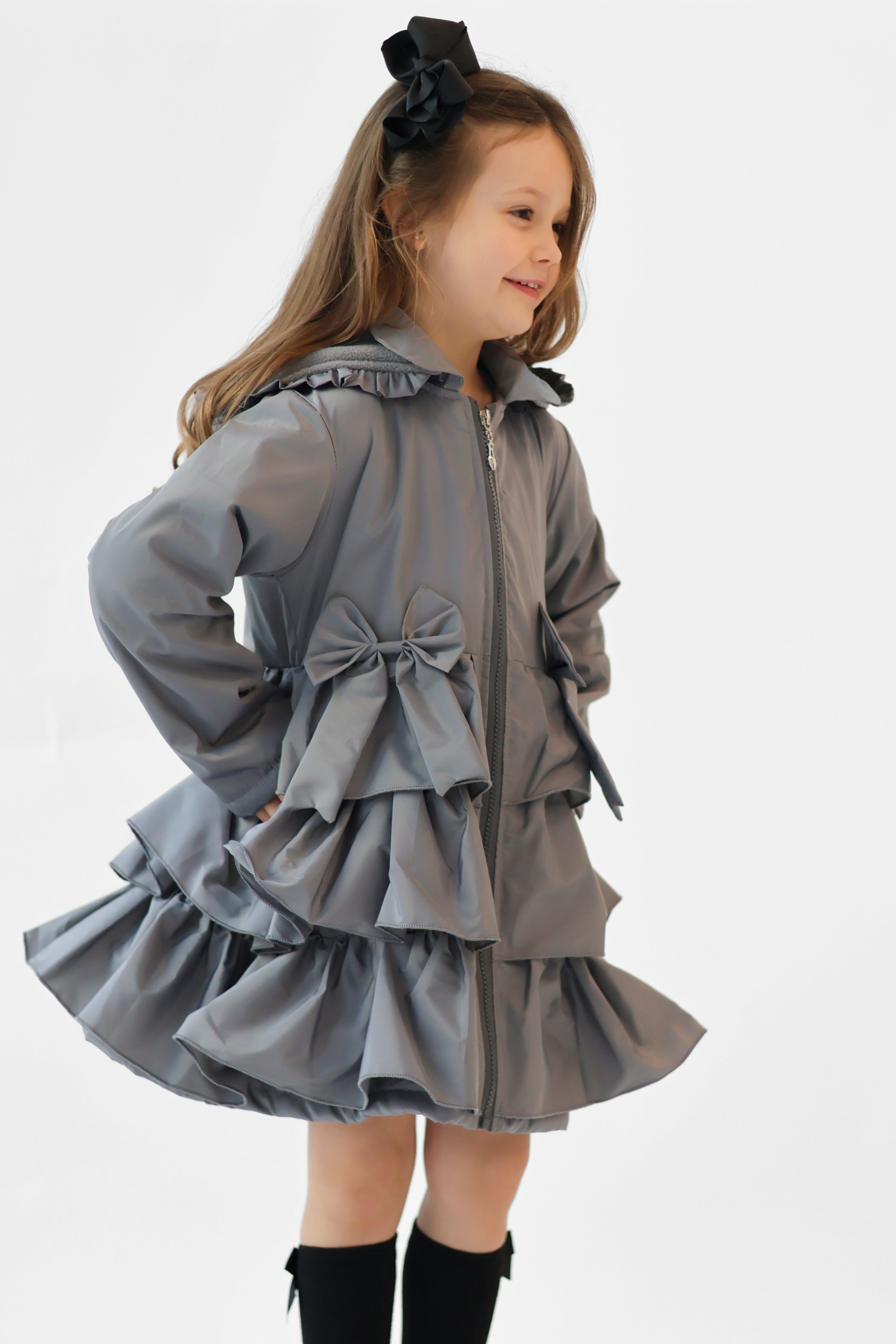 Martine Girls Frilly Bow Fleece Lined Rain Jacket Grey