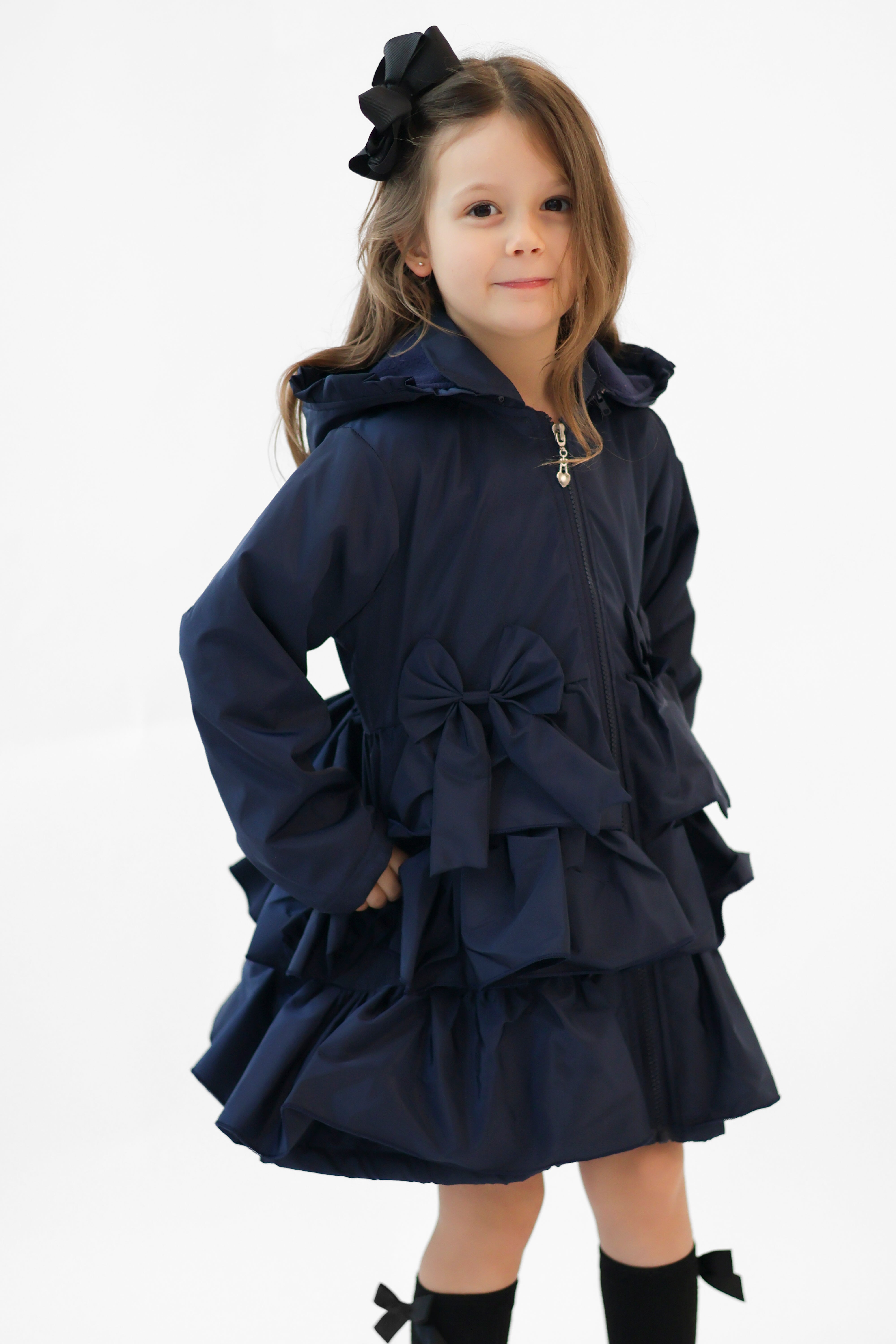 Martine Girls Frilly Bow Fleece Lined Rain Jacket Navy