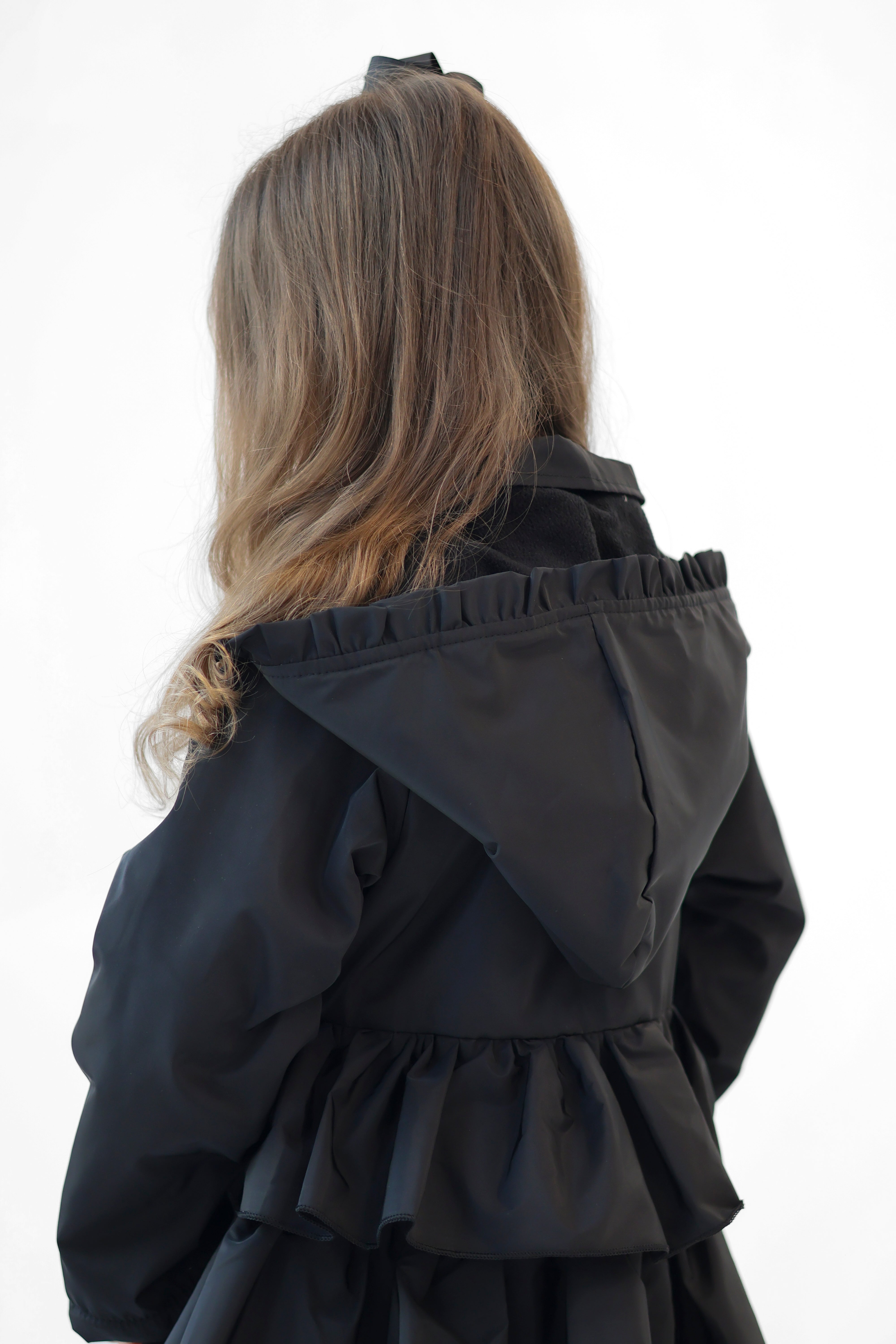 Martine Girls Frilly Bow Fleece Lined Rain Jacket Black