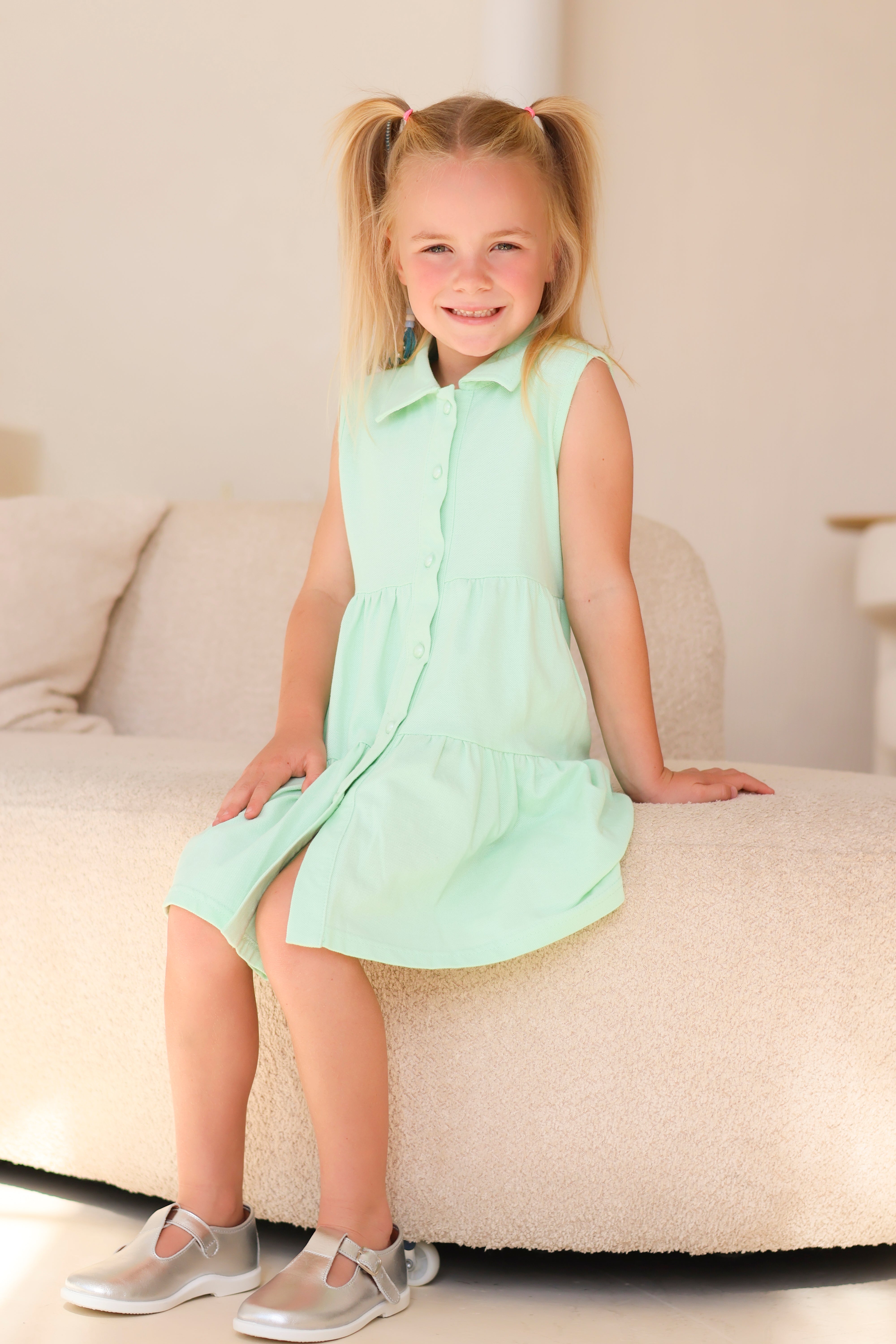 Maya Girls Pearl Button Polo Dress Mint