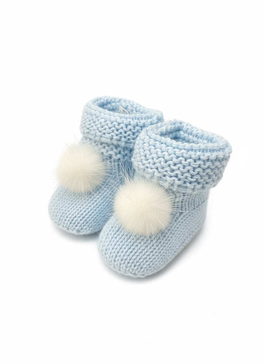 Baby Knitted Blue Pom Pom Booties