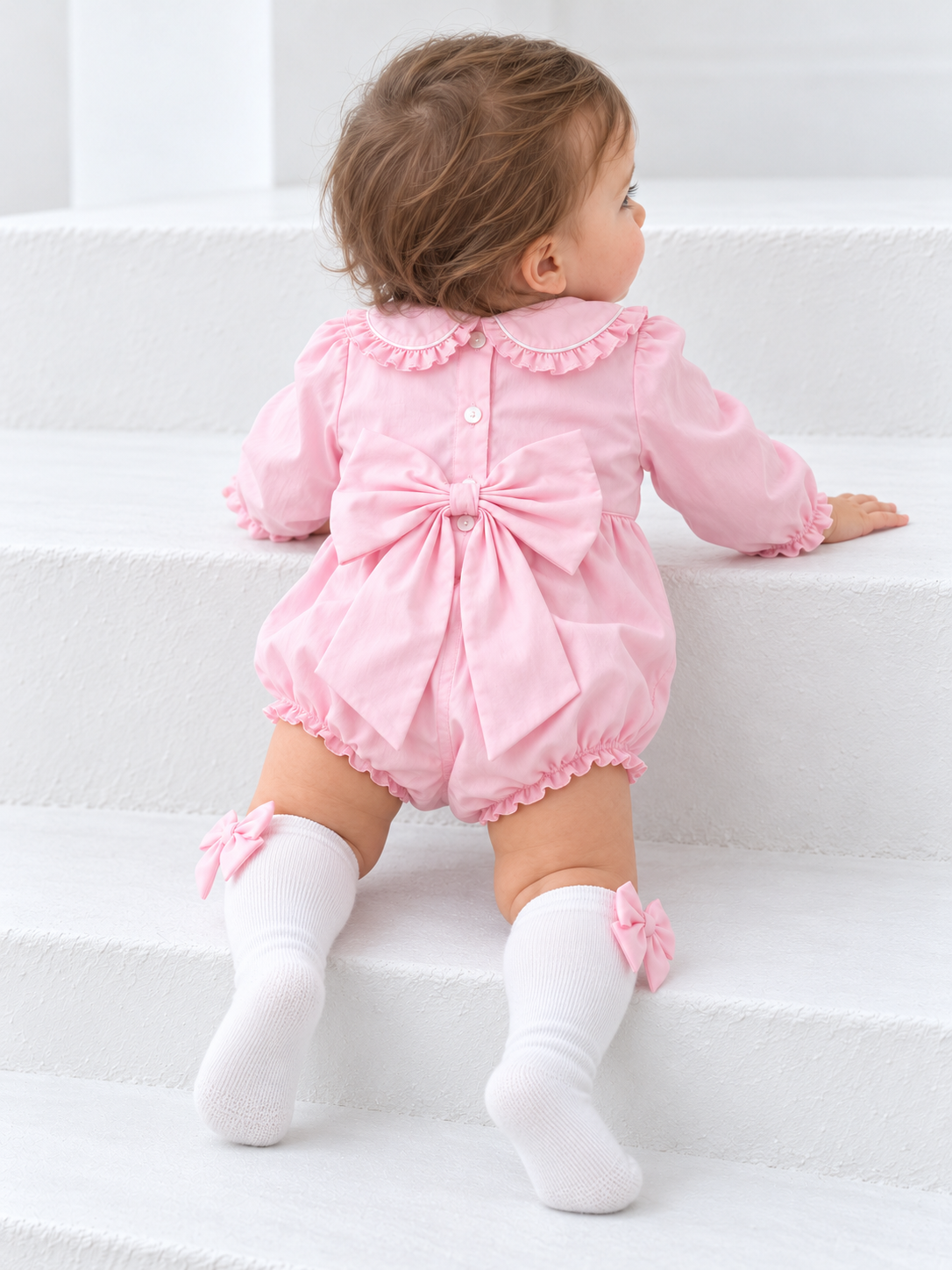 Norah Baby Girls Back Bow Smocked Romper & Bow Socks Set Pink