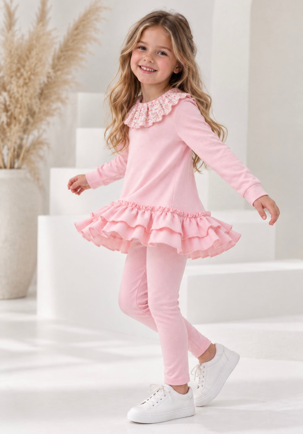 Darla Ribbed Girls Jumper & Legging Tracksuit Set Pink