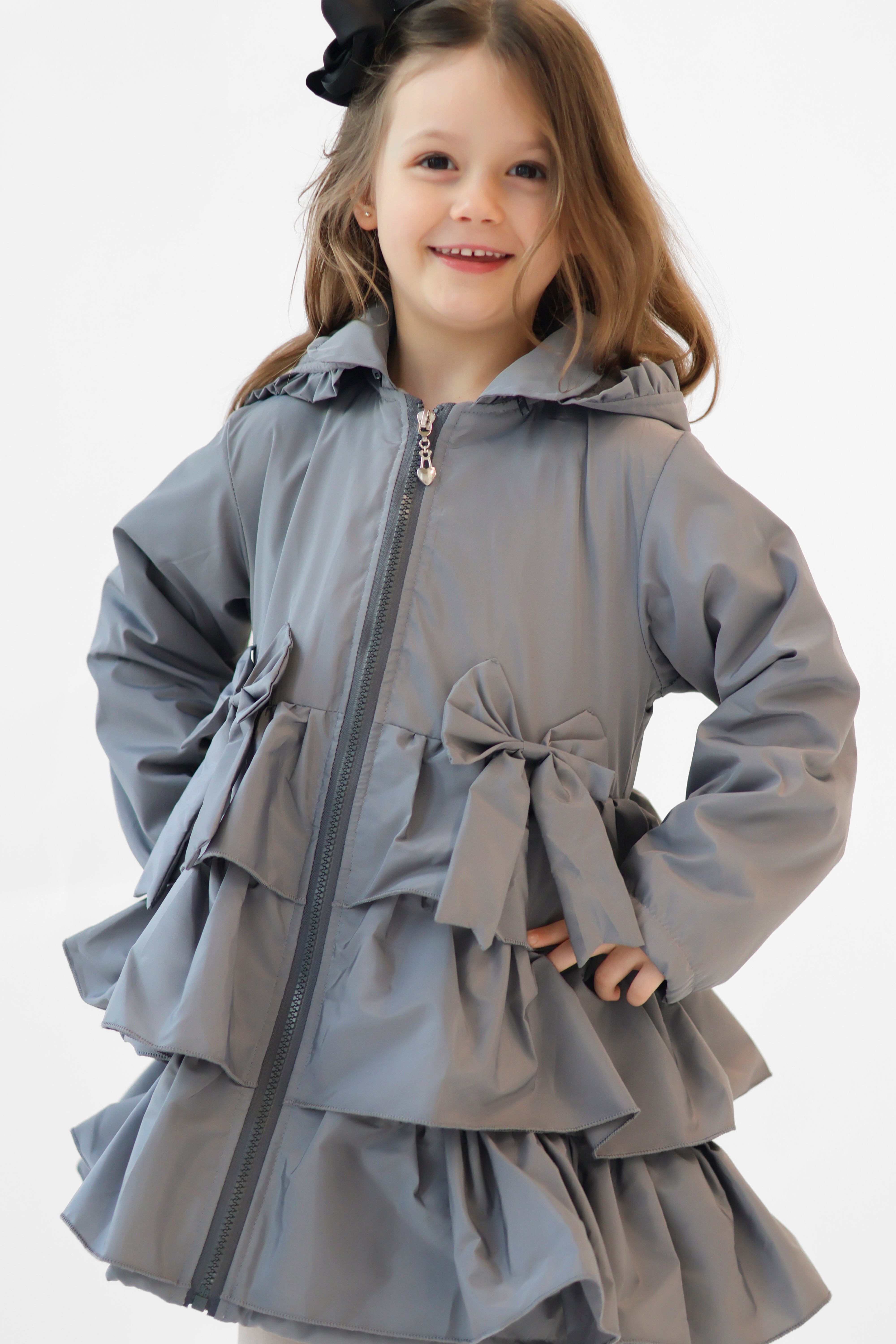 Martine Girls Frilly Bow Fleece Lined Rain Jacket Grey