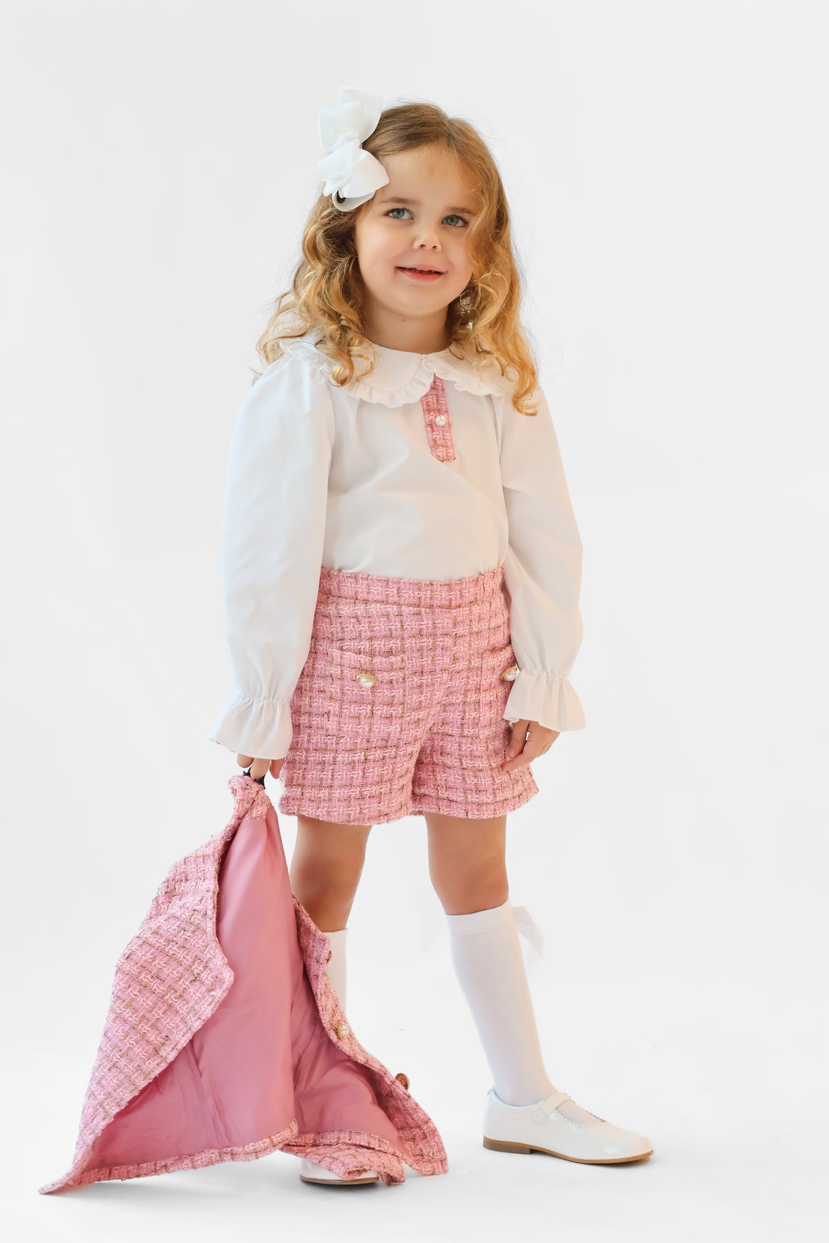 Aria Girls Tweed Look 3 Piece Socks & Hair Bow Pink
