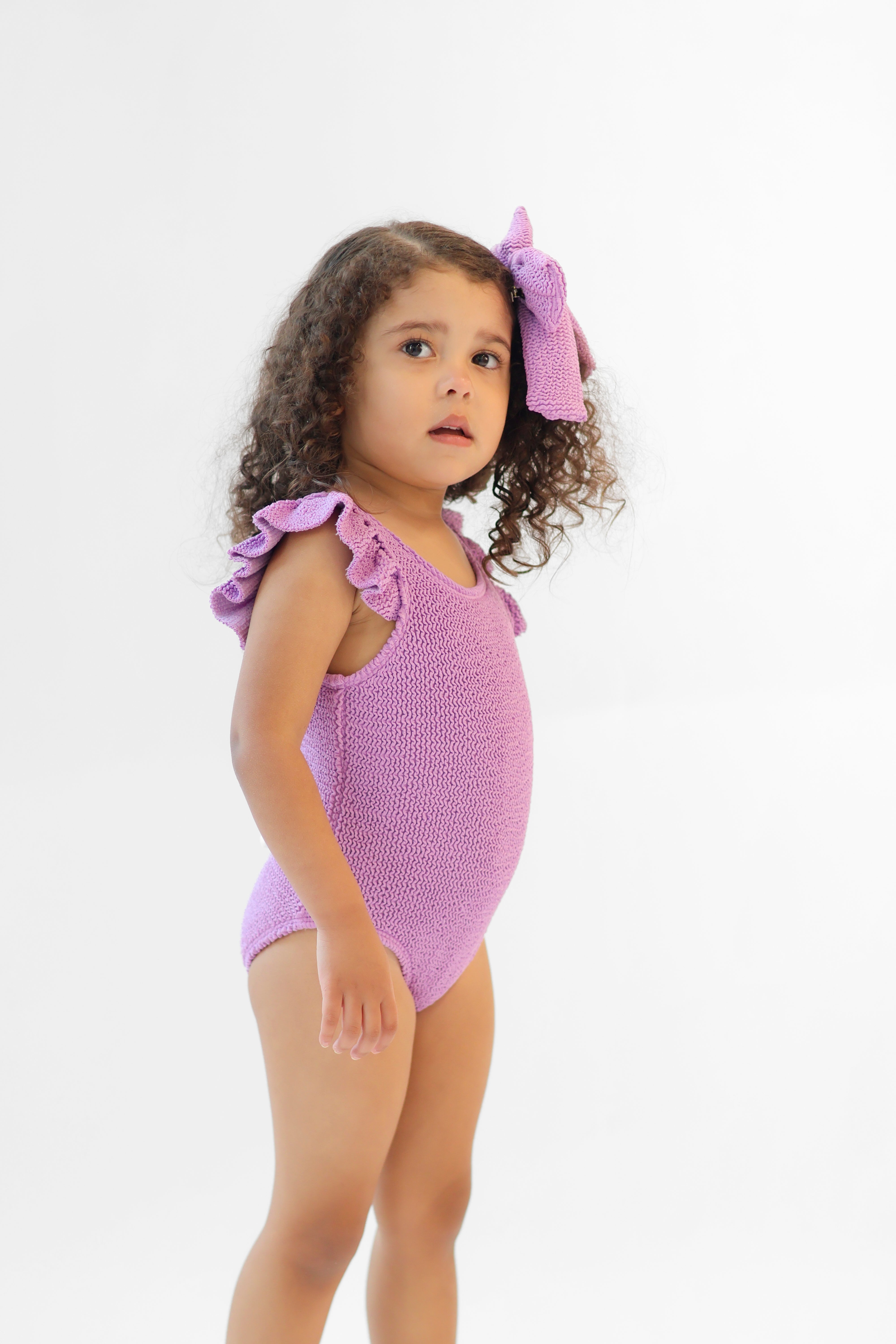 Lyla Girls Waffled Frilly Bow Swimming Costume Lilac