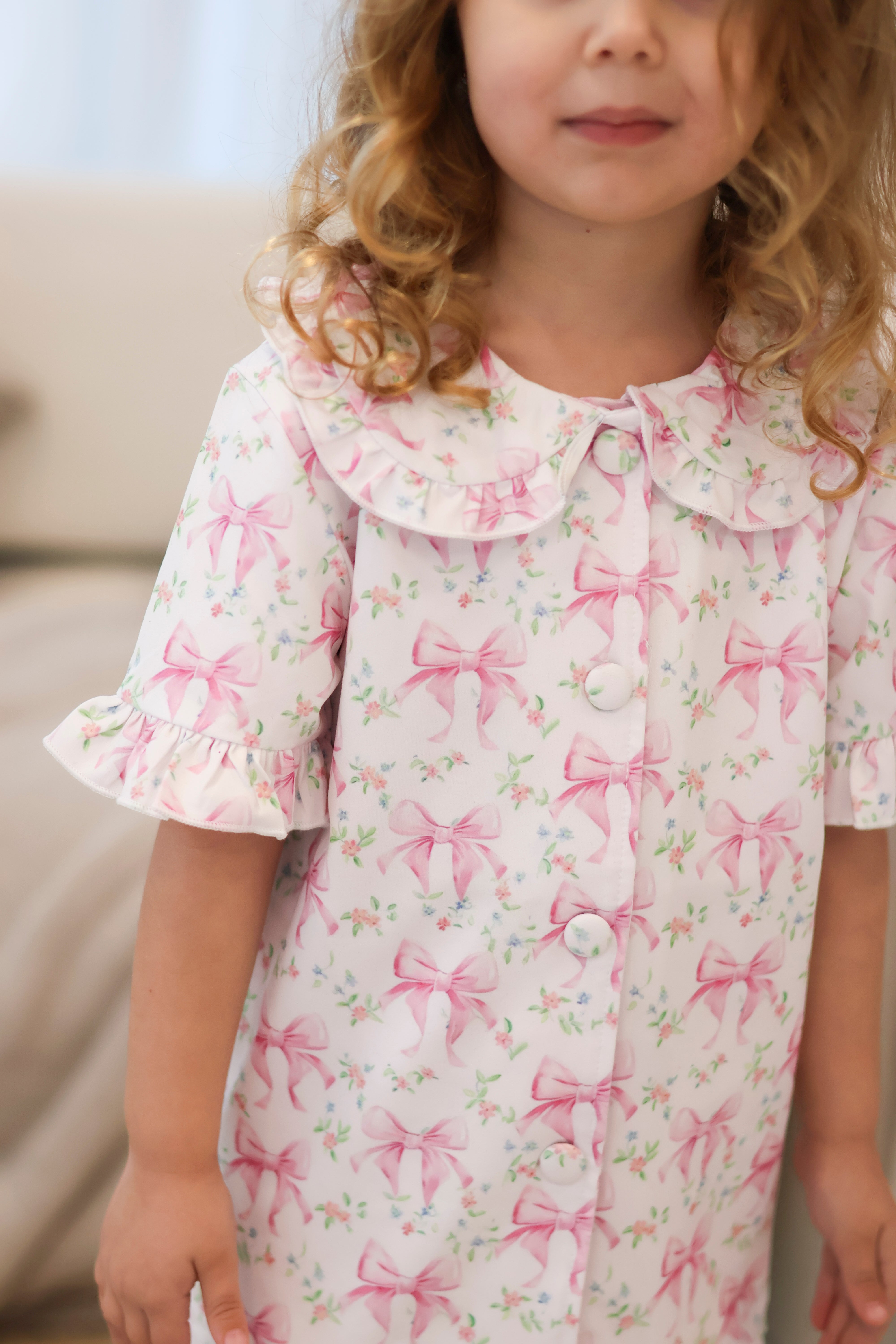 Floral Bow Short Sleeve Girls Frilly Pink Pyjamas