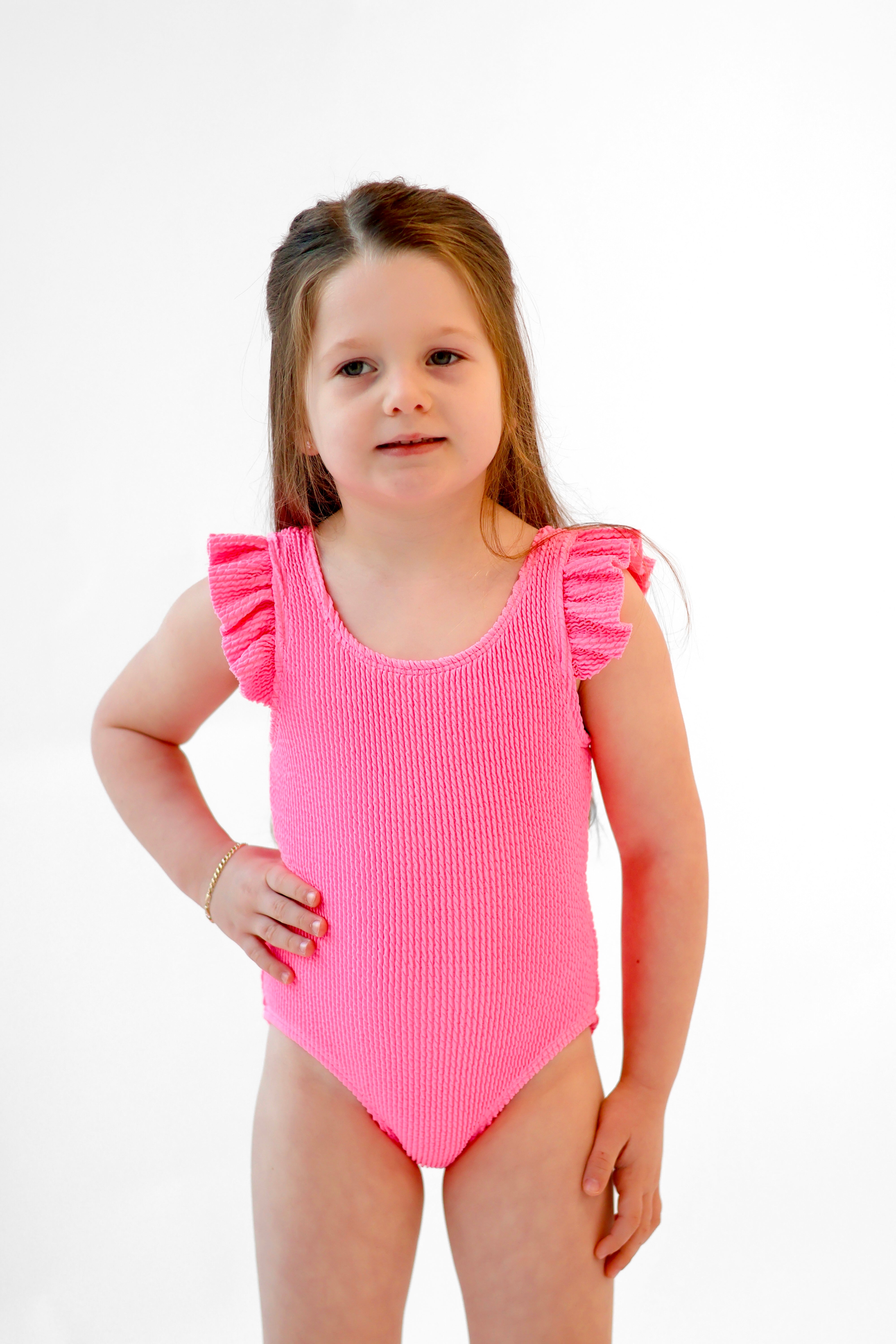 Lyla Girls Waffled Frilly Bow Swimming Costume Fuschia