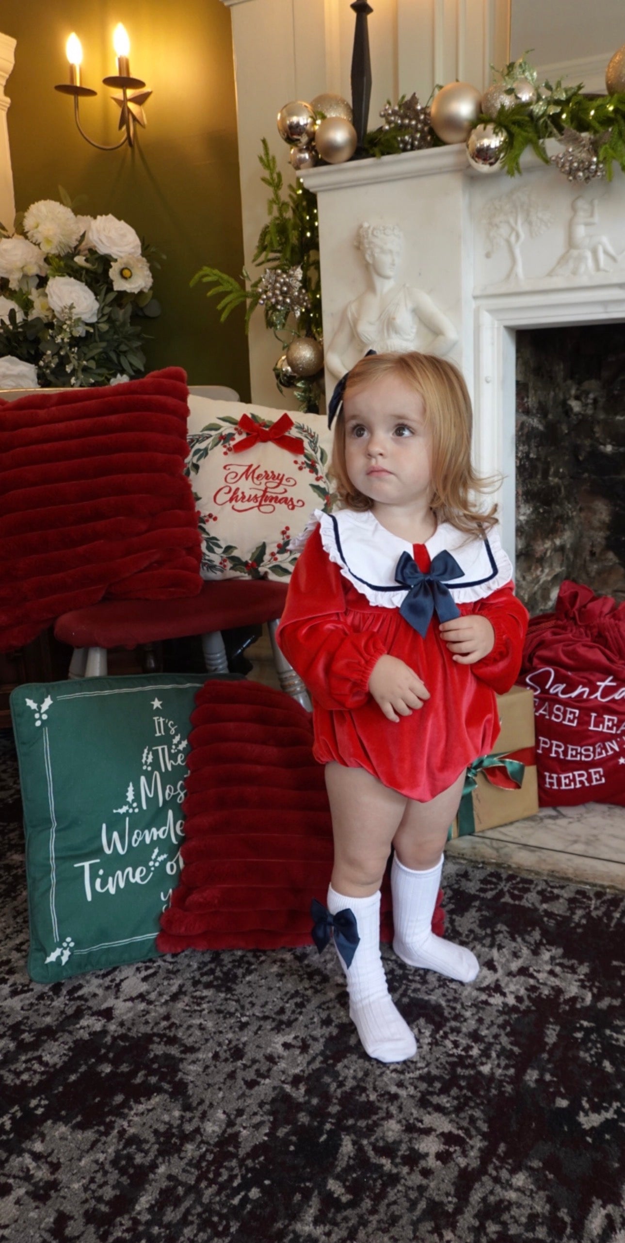 Gabby Girls Velvet Romper Socks & Hair Bow Pink Red