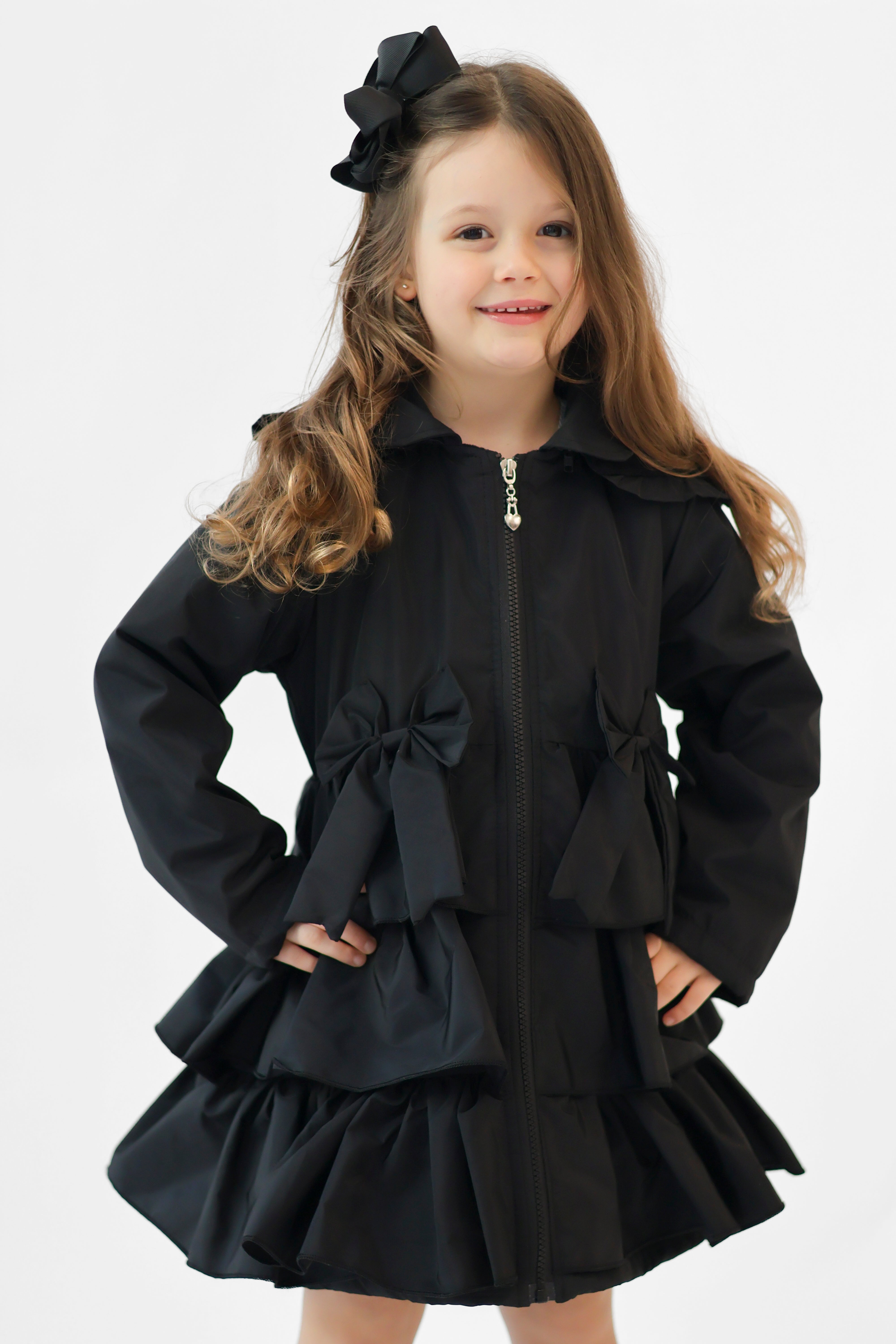 Martine Girls Frilly Bow Fleece Lined Rain Jacket Black