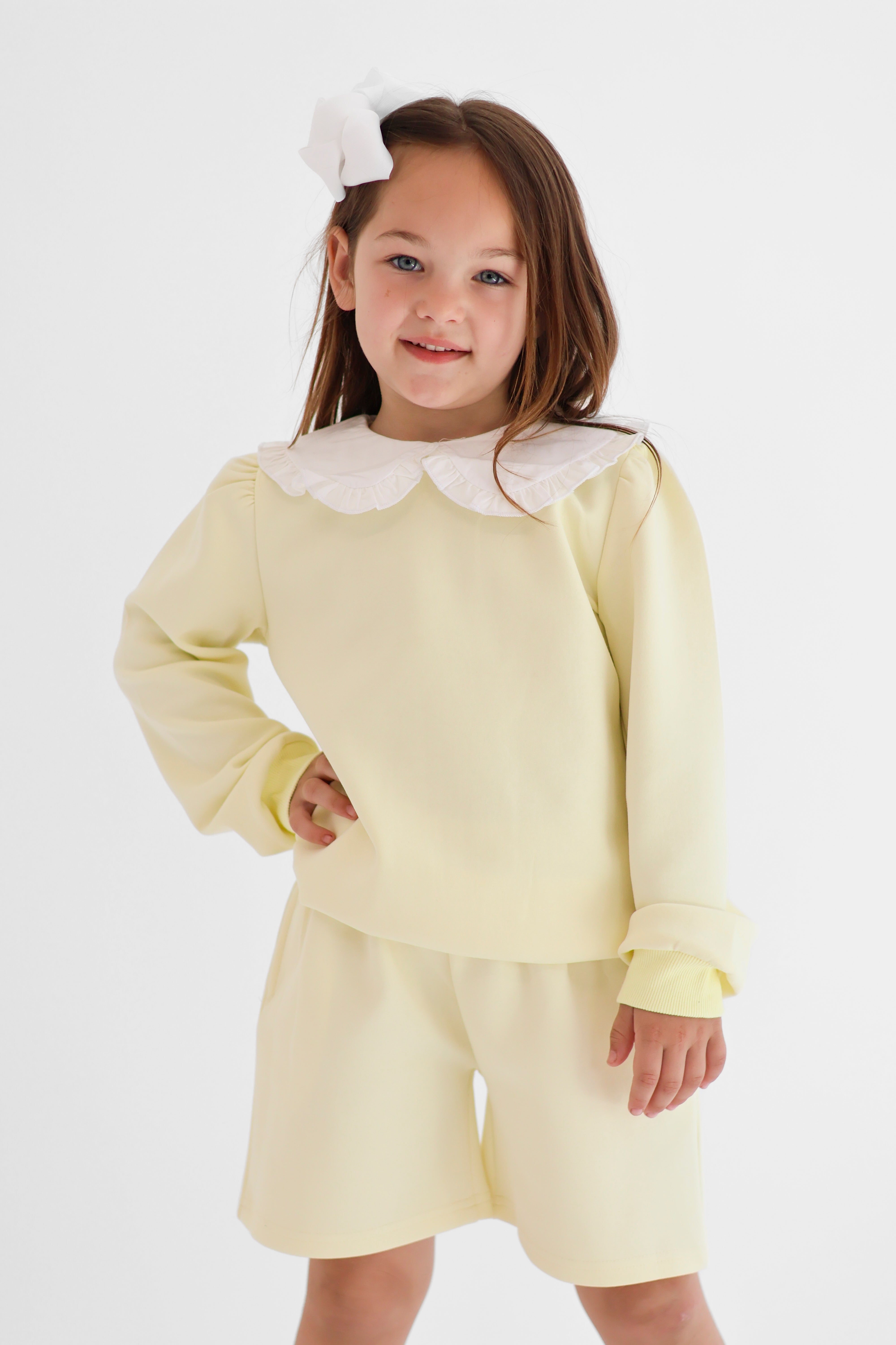 Emily Girls Frilly Collar Jumper & Shorts Set Lemon