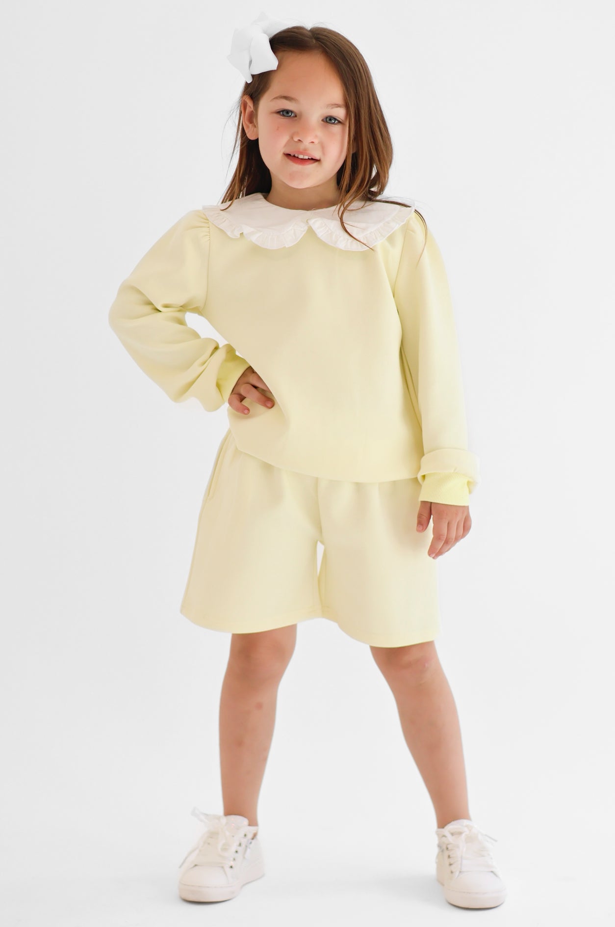 Emily Girls Frilly Collar Jumper & Shorts Set Lemon