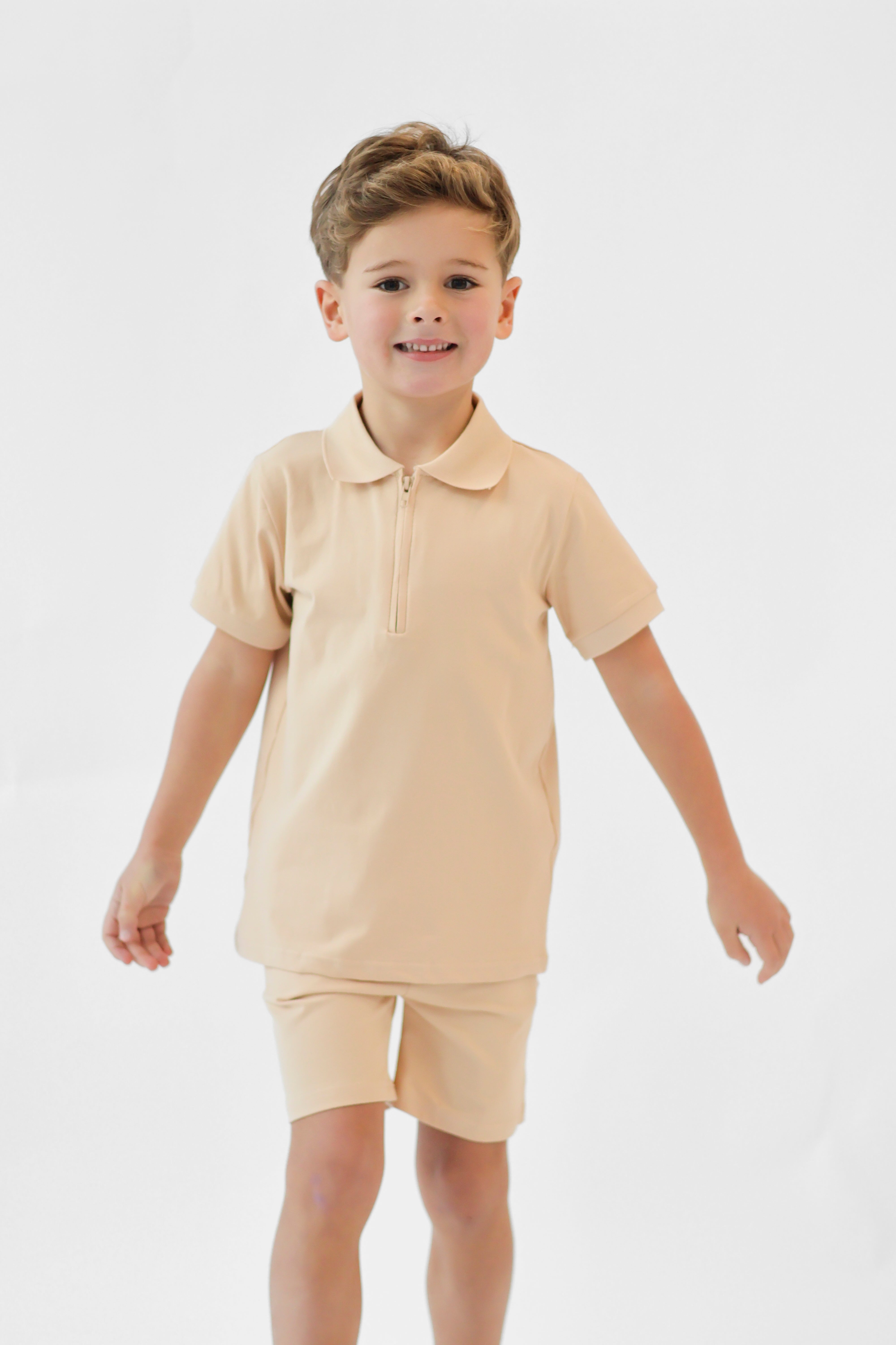 Jay Boys Plain Zip Up Polo Short Set Beige