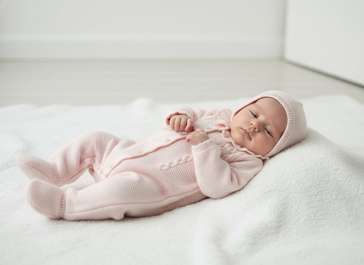 11759 Pink Knitted Romper With Bonnet