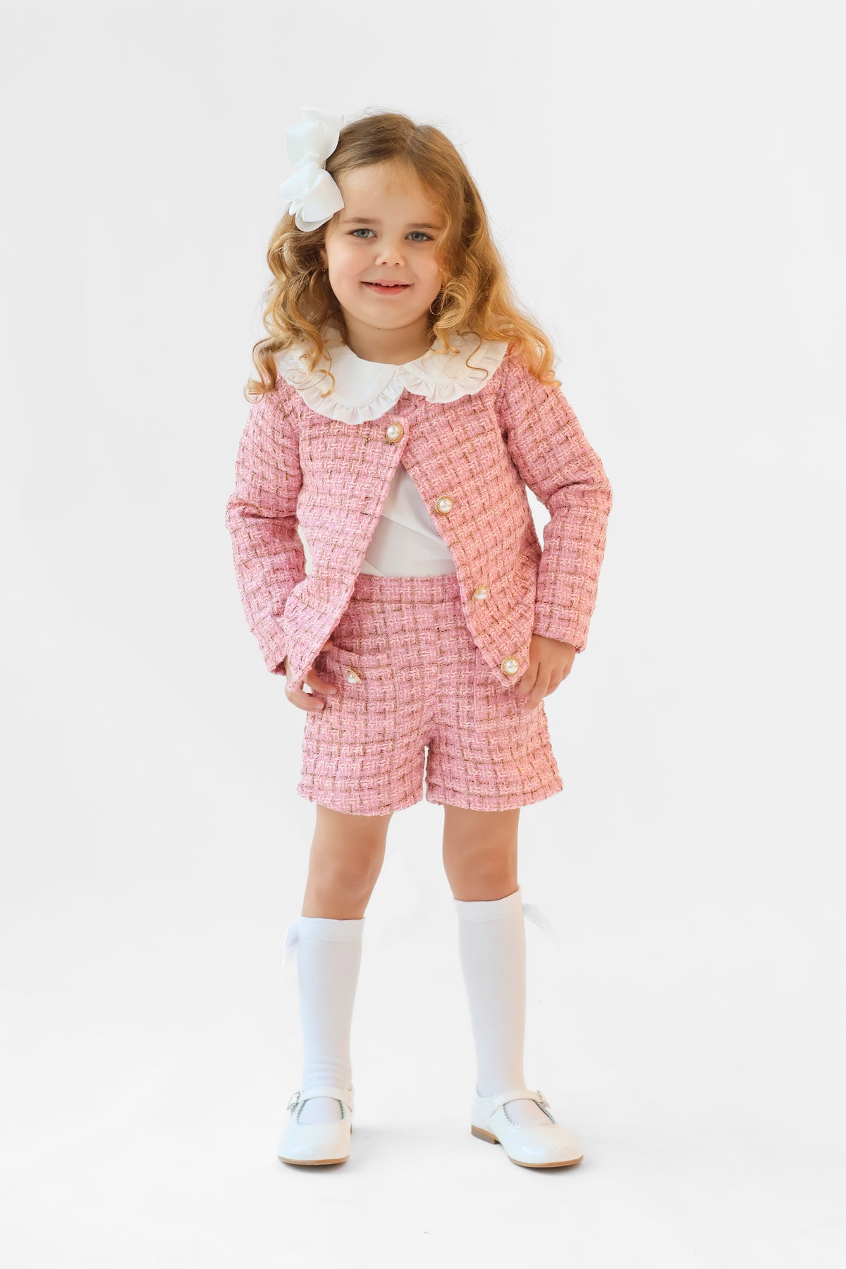 Aria Girls Tweed Look 3 Piece Socks & Hair Bow Pink