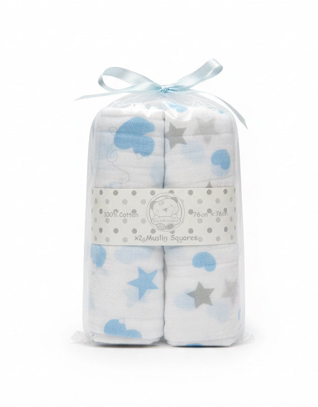 Duck/Star/Hearts Muslin Squares 2 Pack Blue