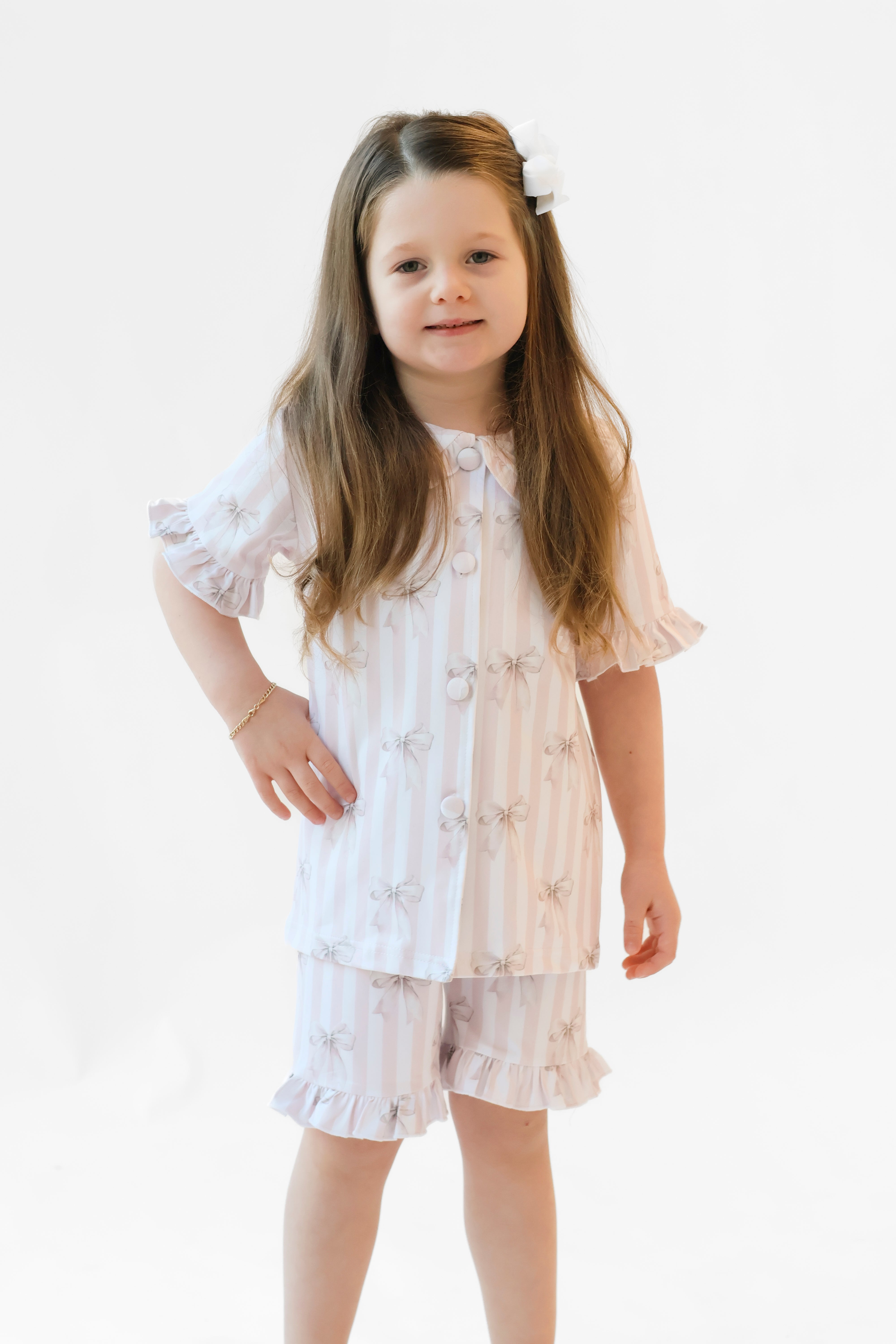 Beige Stripe Bow Short Sleeve Girls Frilly Pyjamas